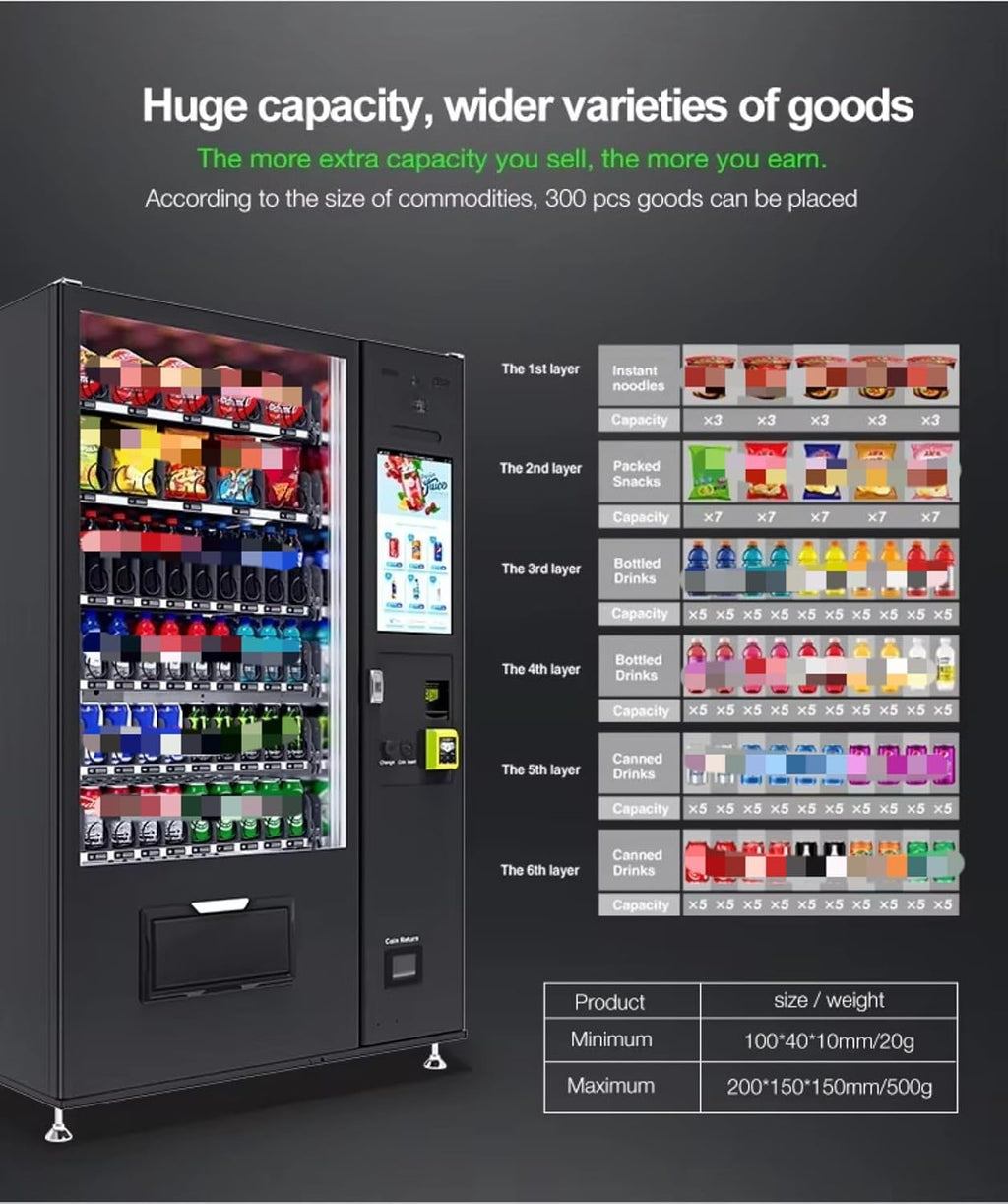 Snack Vending Machine with Remote Monitoring, Card Reader, 60 Selection Outdoor Combo Snack and Drink Smart Dispenser,Vending Machine for Snacks, Cold Drinks and Coffee