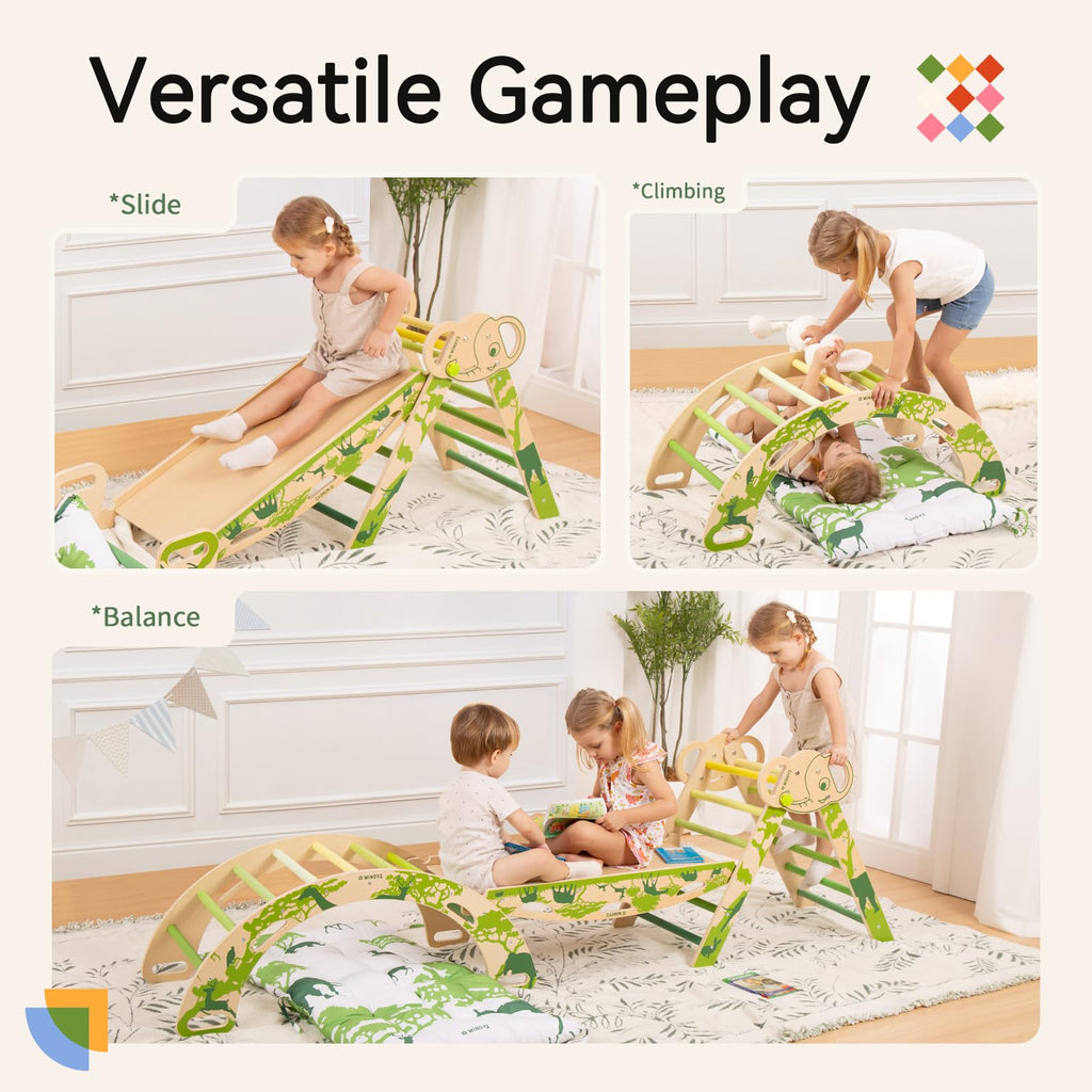 WINGYZ Pikler Triangle Set, Montessori Foldable 8-in-1 Jungle Gym & Reversible Animal Slide, Patent-Protected Climbing Set, Safe 2.35" Gap ASTM F963 Standards for Toddlers 18 Months-5 Years (Rainbow)