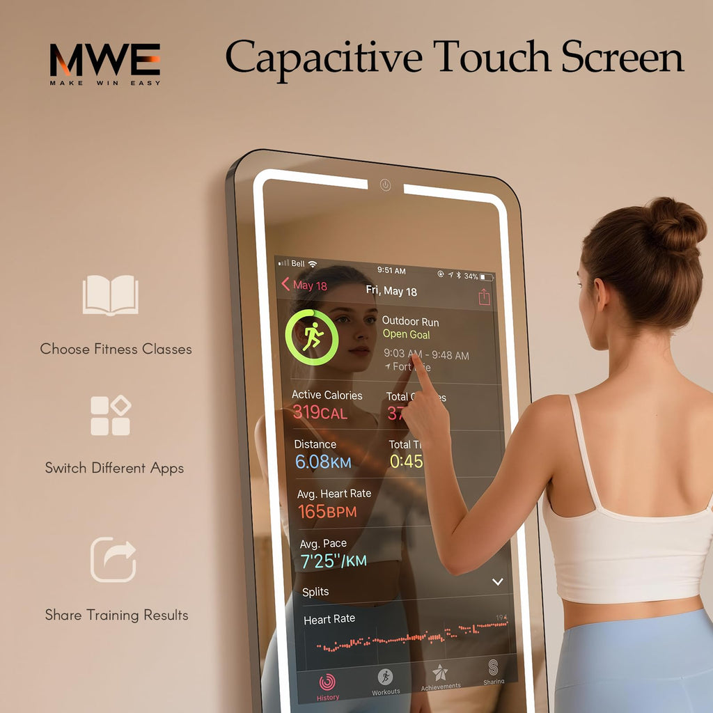 Smart Gym Mirror for Home Workout | 32" HD Touch-Screen Andriod OS | 63" Reflective Surface | No VIP Fees Support Various APPs, Music Sync LED Light Strip, for Home Gym/Yoga/Dance