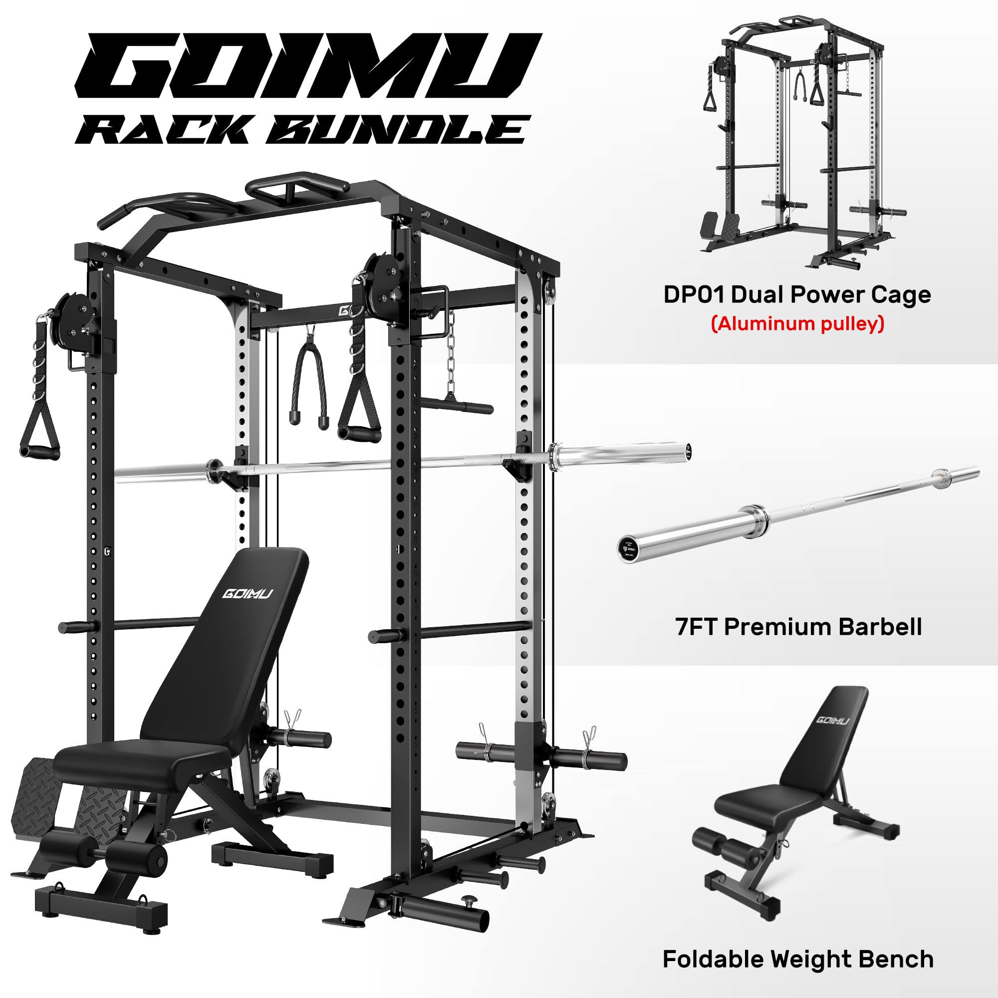 DP01 Power Cage, 2000LBS Squat Rack with with Cable Crossover and Dual Independent Pulley System, Full Cage for Full Body Training, Power Rack with More Training Attachments for Home Gym