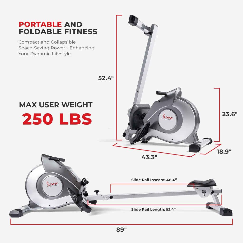 Sunny Health & Fitness Smart Magnetic Rower, Compact Quiet & Smooth Rowing Machine for Full-Body Cardio Exercise, Free SunnyFit Training App Connection