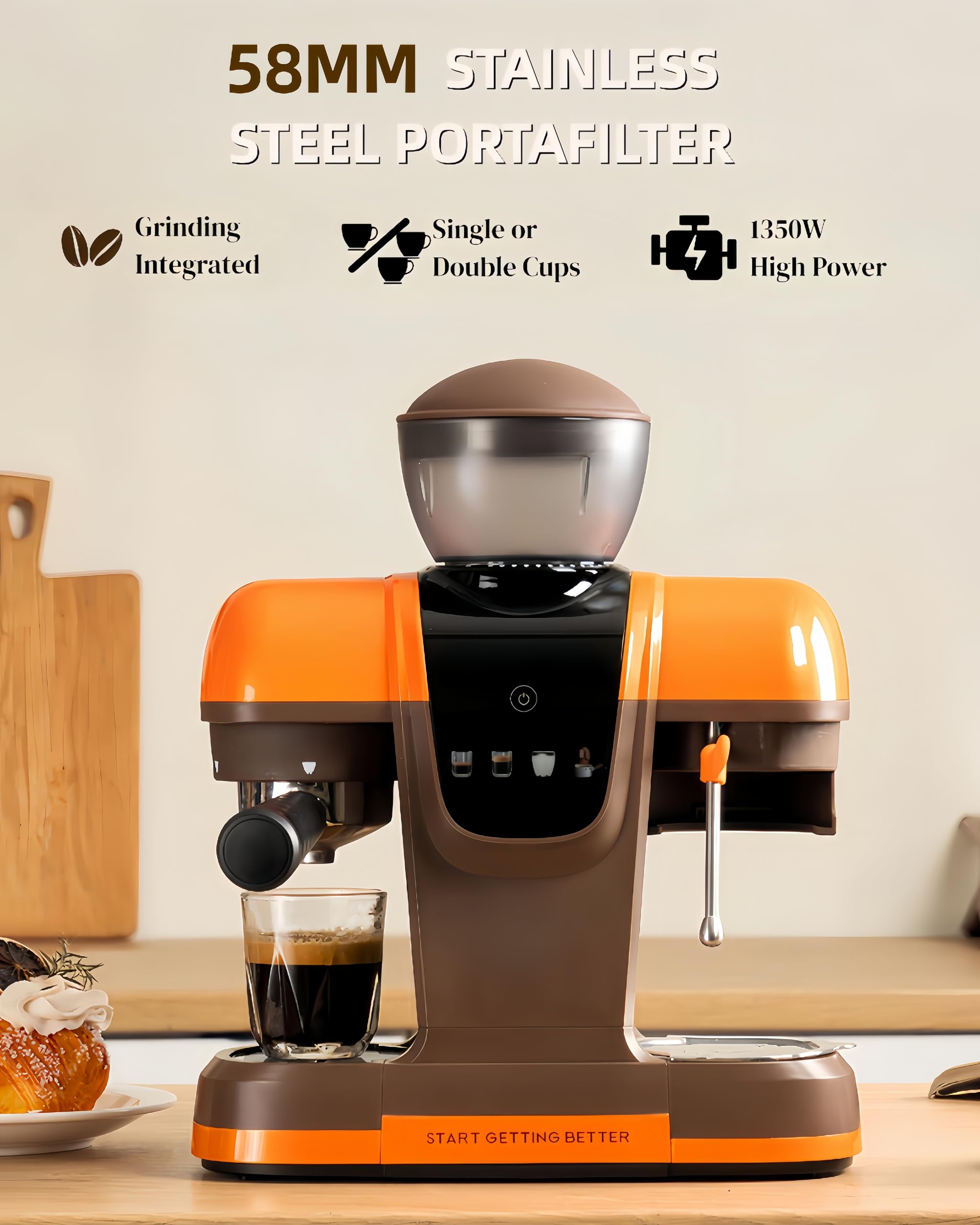 20 Bar Espresso Machine with Grinder & Steam Wand - Semi Automatic Coffee Maker, NTC Intelligent Temp Control, 58mm Stainless Steel Portafilter, One-Touch Panel for Home Barista (BLACK)