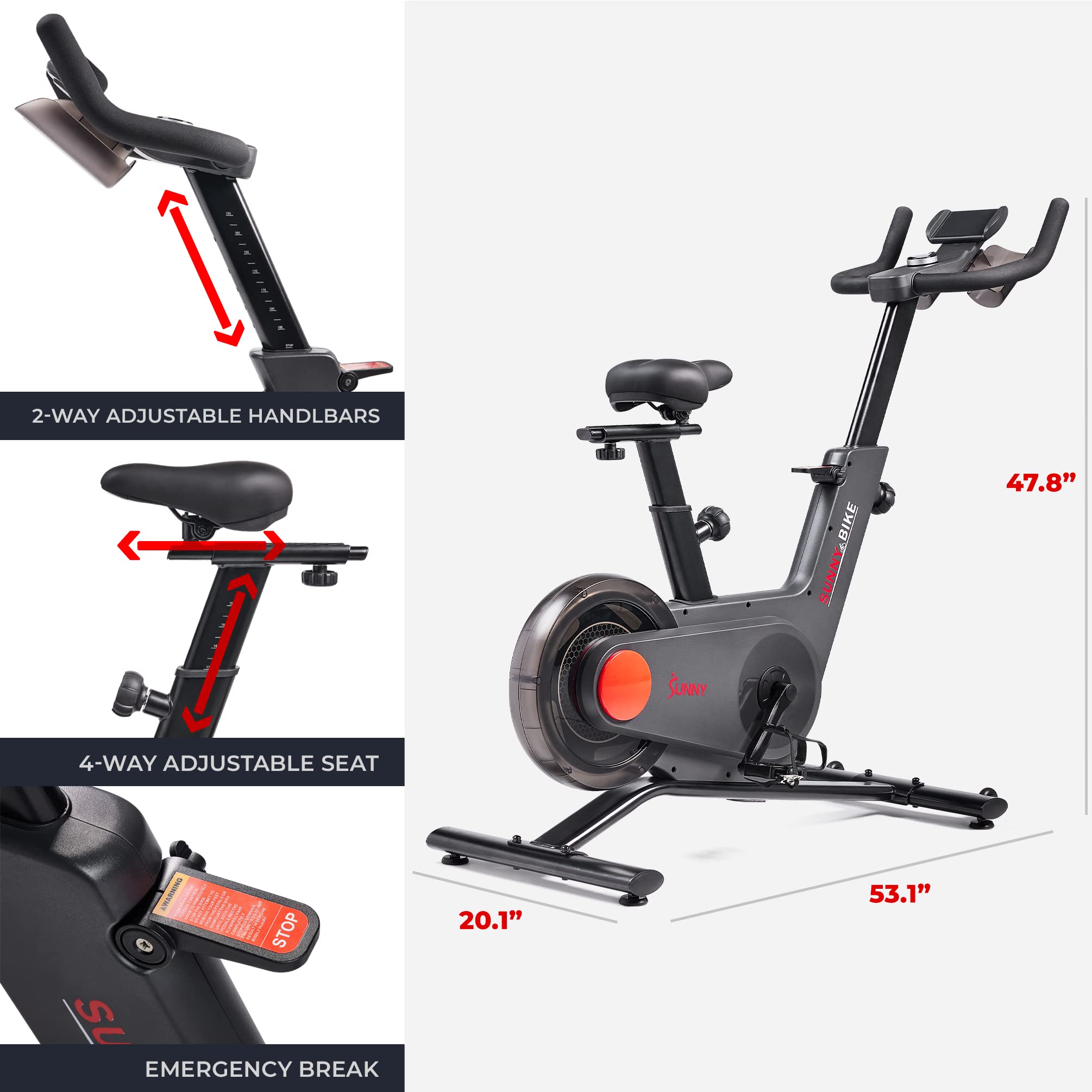 Sunny Health & Fitness Indoor Intensive Cycling Exercise Bike, Adjustable Cardio Training Exerciser w/Emergency Brake for Home, Optional Free SunnyFit App Bluetooth Link + Electromagnetic Resistance