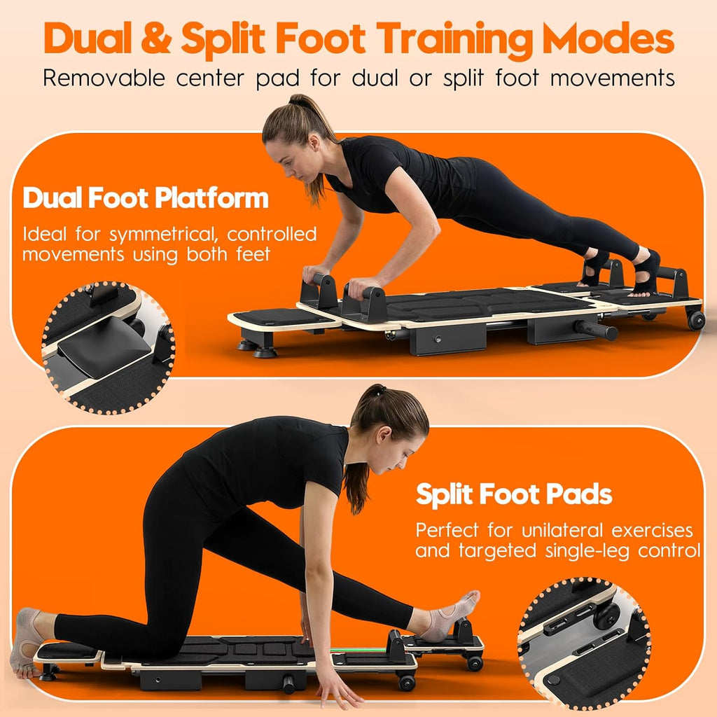 Pilates Board Reformer for Home Workout, 5-in-1 Pilates Equipment with Dual & Split Foot Pads, Smooth Sliding Rail System, Adjustable Headrest for Heights 3'7"–6'3", Core & Full-Body Training