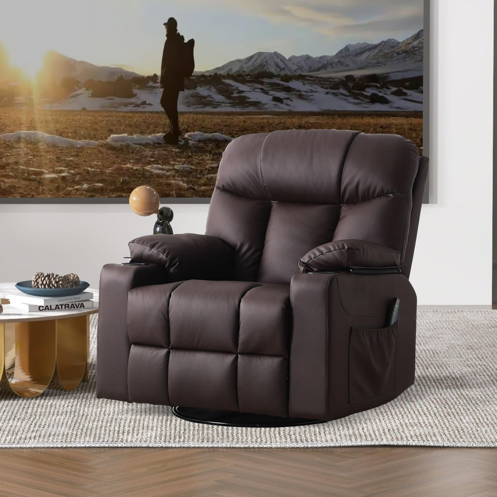 Bonzy Home Oversized Swivel Rocker Recliner, 40" Rocking Recliner Chair with Heated and Massage, PU Leather Single Sofa with Swivel Function, 2 Cup Holders for Living Room Bedroom, Black