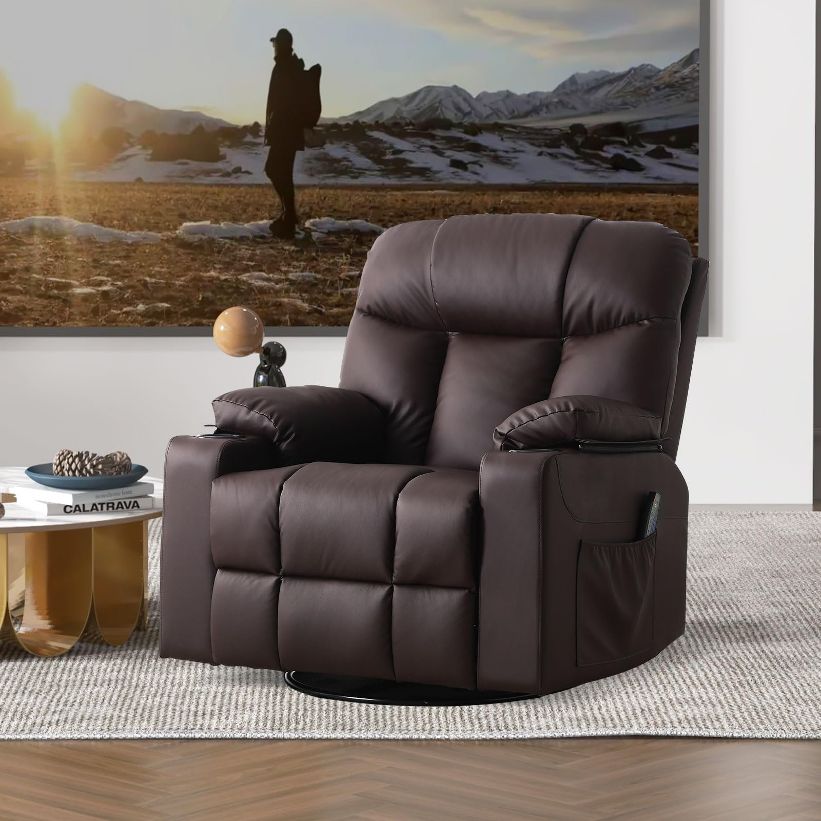 Bonzy Home Oversized Swivel Rocker Recliner, 40" Rocking Recliner Chair with Heated and Massage, PU Leather Single Sofa with Swivel Function, 2 Cup Holders for Living Room Bedroom, Black