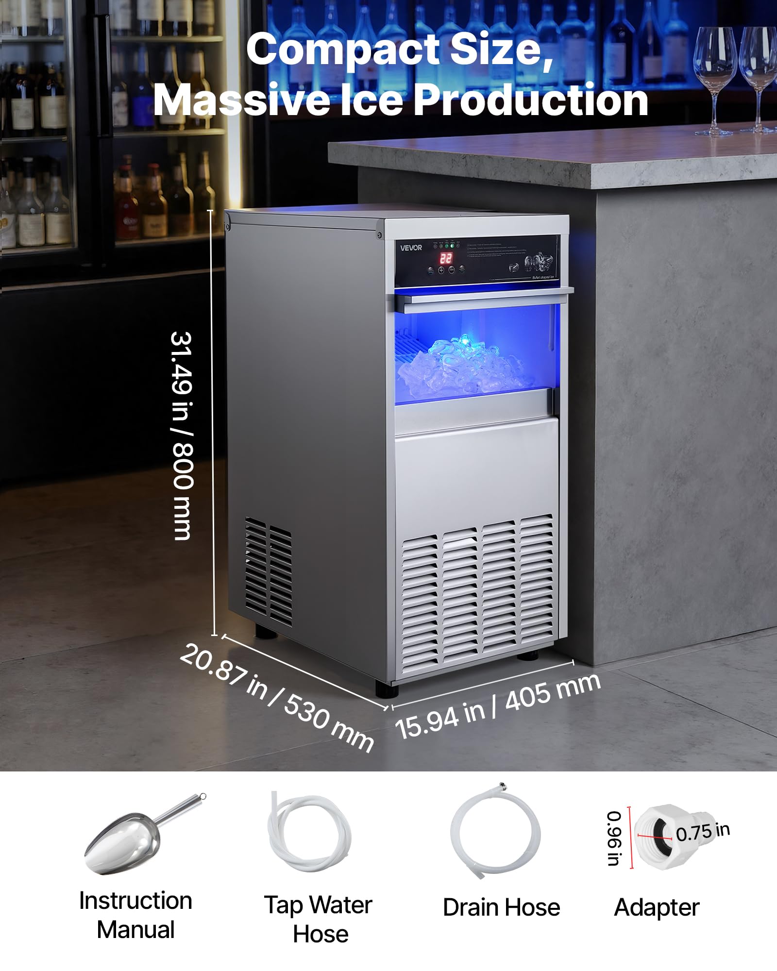 VEVOR Commercial Ice Maker Machine, 100 lbs/24h with 30-35 lbs Storage, Bullet Ice,Built-in/Freestanding/Under Counter, Stainless Steel Ice Maker with LED Display for Home Bar Restaurant