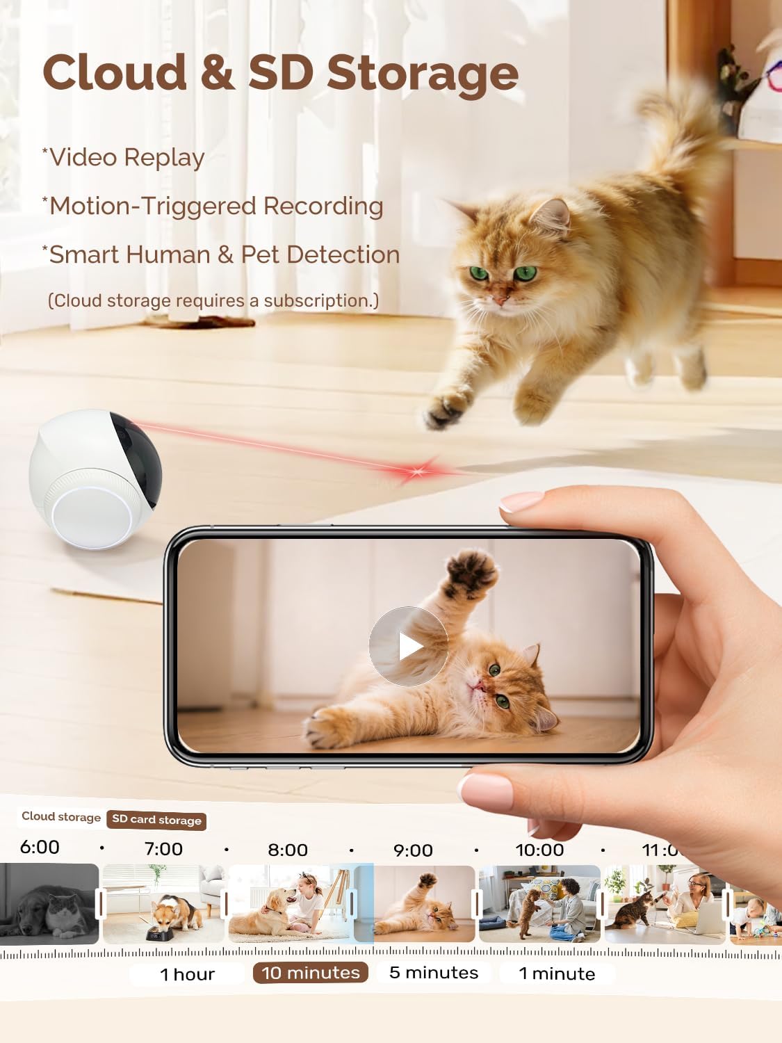 Orison Smart Mobile Pet Camera Robot, 1080P HD Indoor Pet Camera for Home, Auto Patrol & Auto Recharge, Night Vision, Two-Way Audio, App Control, Local Storage