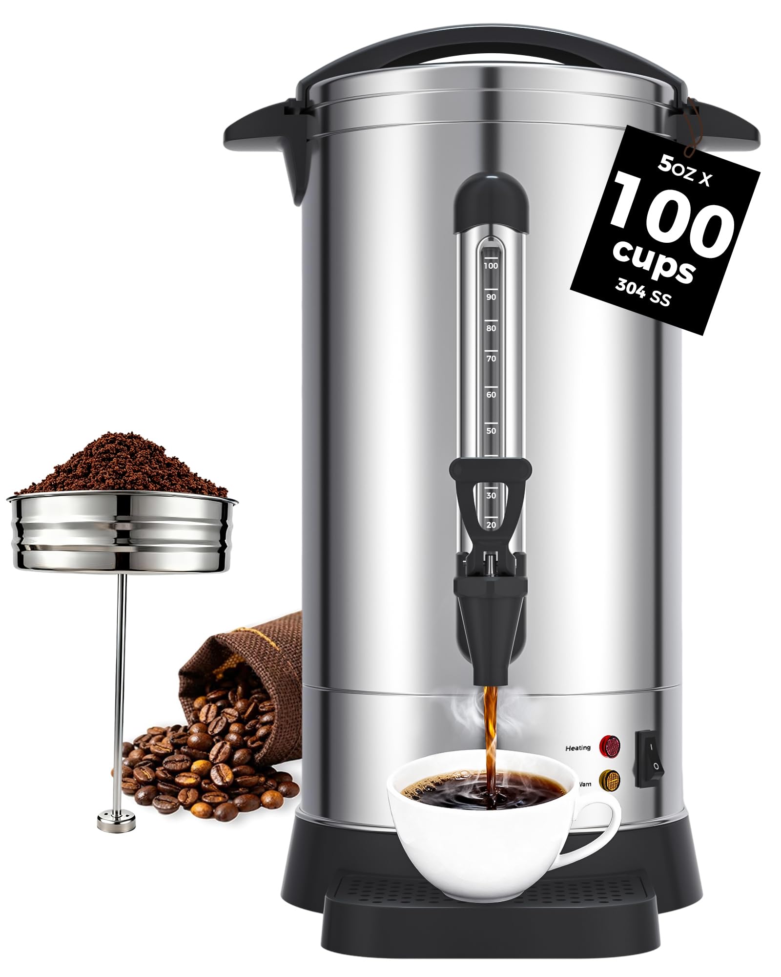 OSTBA 1500W Commercial Coffee Urn 100 Cup / 15L Large Percolator Coffee Pot, Double-Wall 304 Stainless Steel Hot Water Dispenser, Fast Brewing Electric Coffee Maker for Catering, Parties, Offices