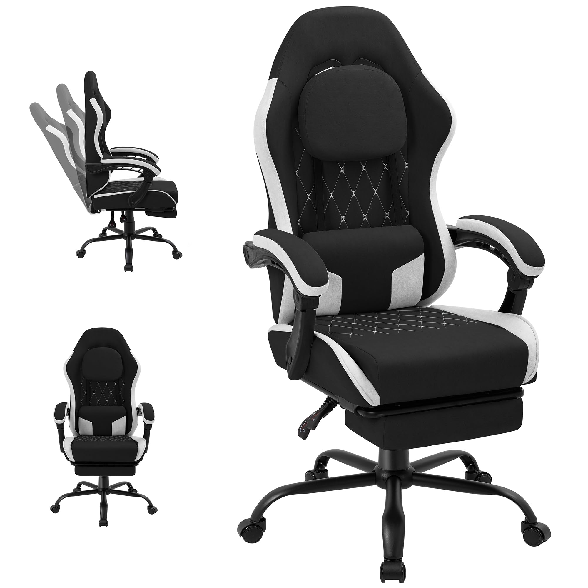 Shintenchi Big and Tall Gaming Chair Fabric Pocket Spring Cushion,High Back Recliner with Footrest and Headrest for Adults, Massage Lumbar Support for Home Office, Ergonomic Computer Desk Chair, Blue