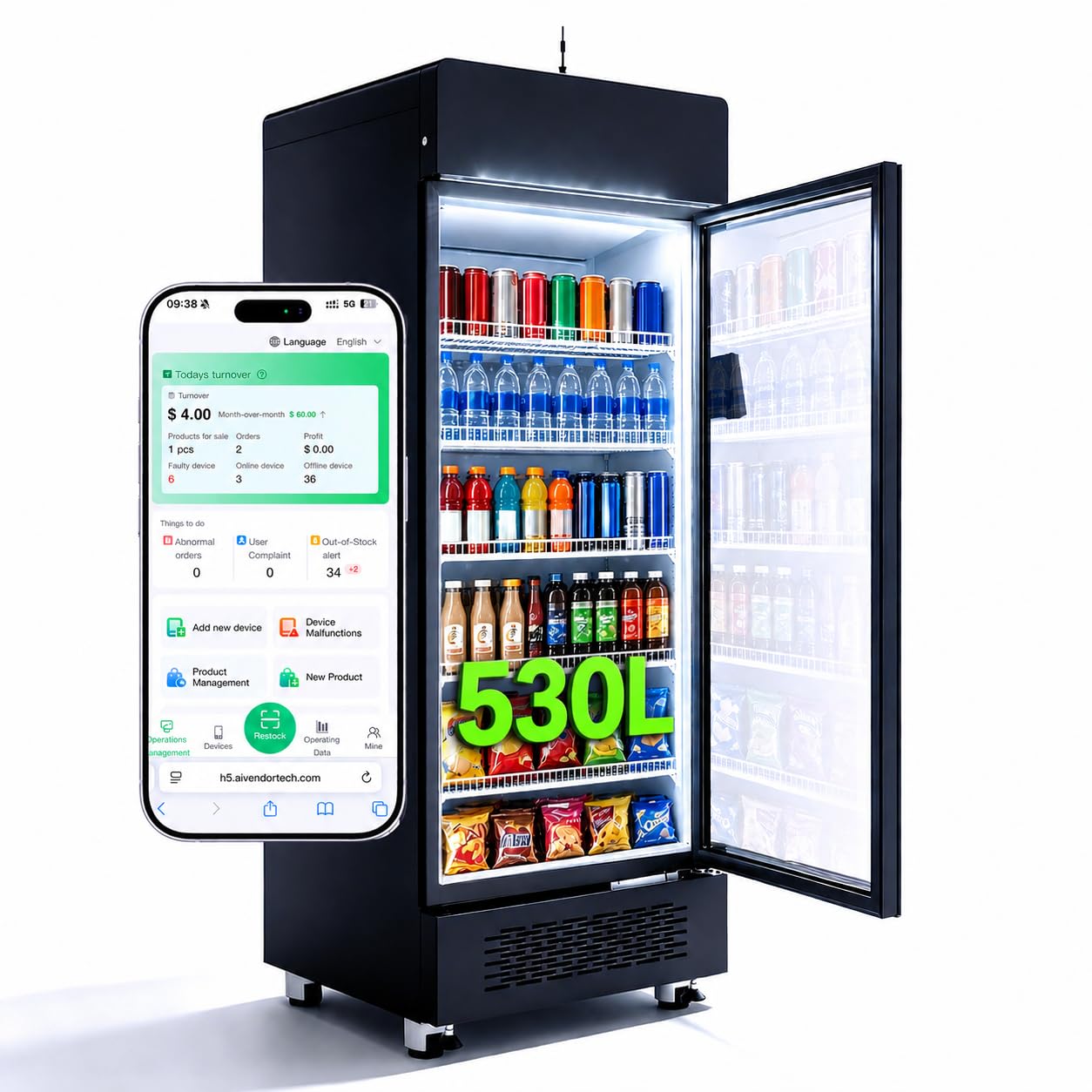 AFEN Smart Vending Machine 530L, Commercial Combo Snack & Drink Vending Machine with AI Technology, Smart Cooler with App Management for Office/School/Gym, Card Reader