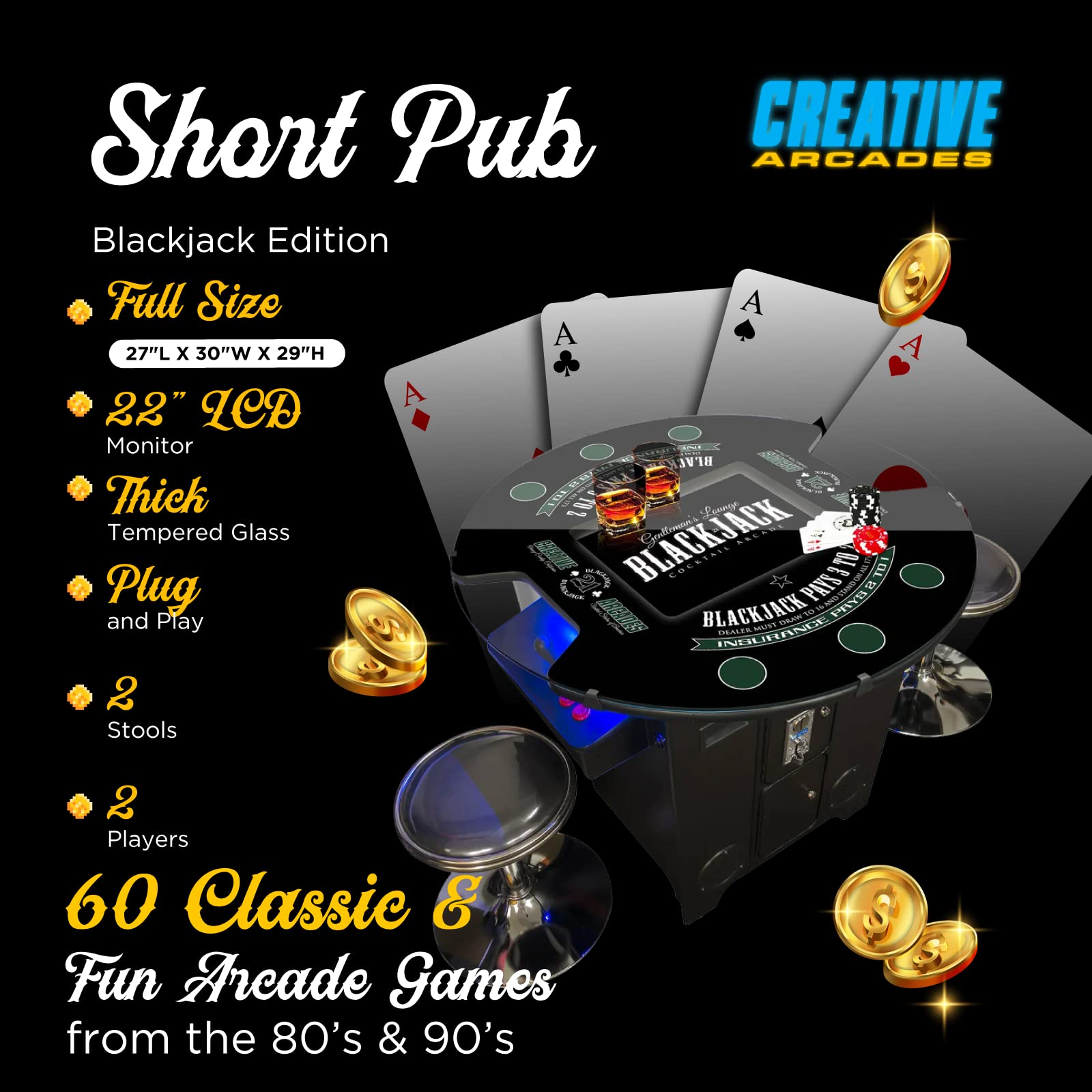 Creative Arcades Full-Size Commercial Grade Machine -Pub Style Arcade Table for 2 Player Cabinet for Home, 412 Games, Multiplayer Control Panel and Screen Size 22 inch.