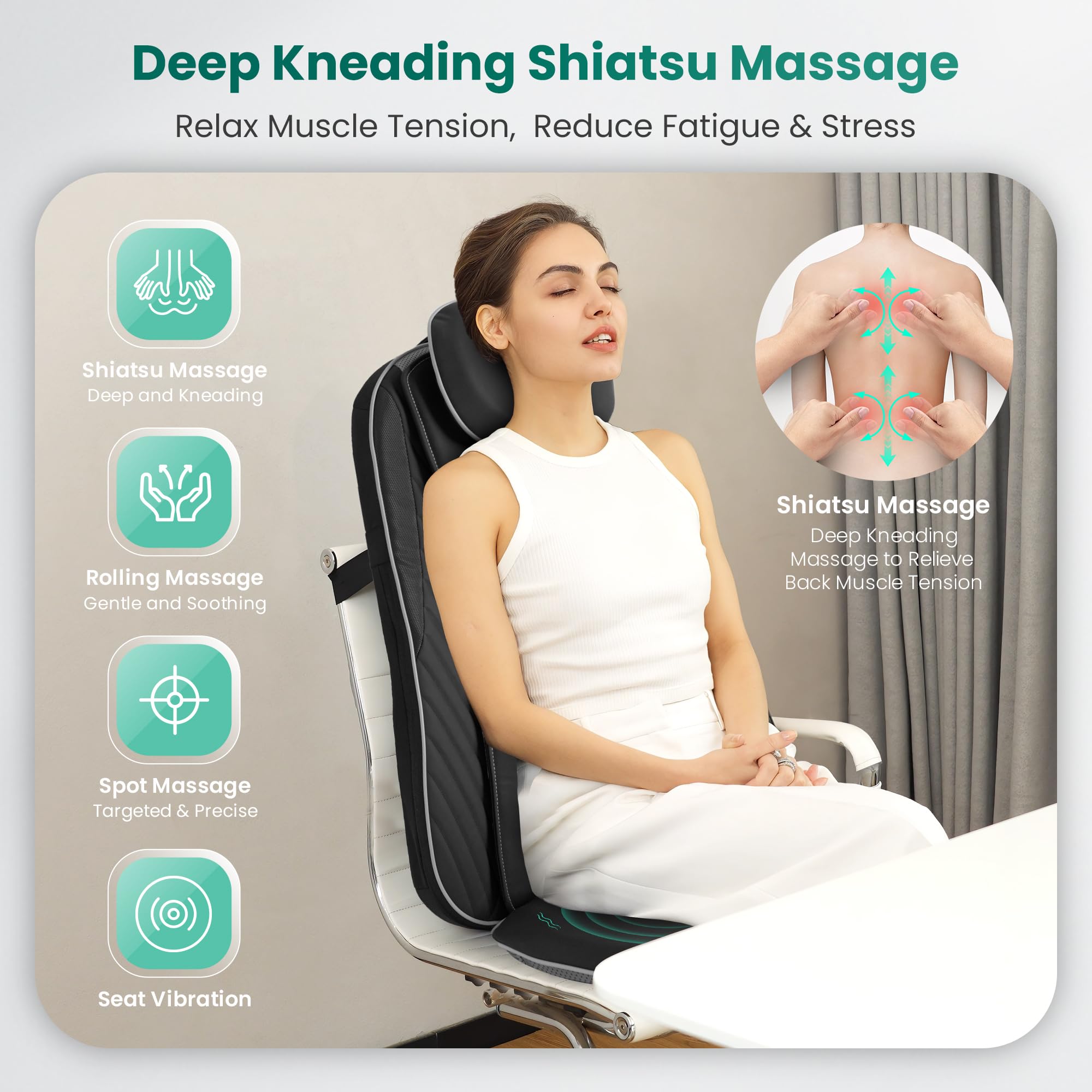 Snailax 2026 Upgraded Shiatsu Roller Back Massager with Heat Massage Chair Pad Kneading Back Massager for Pain Relief Deep Tissue Chair Massage Pad for Office Home Gift Fathers