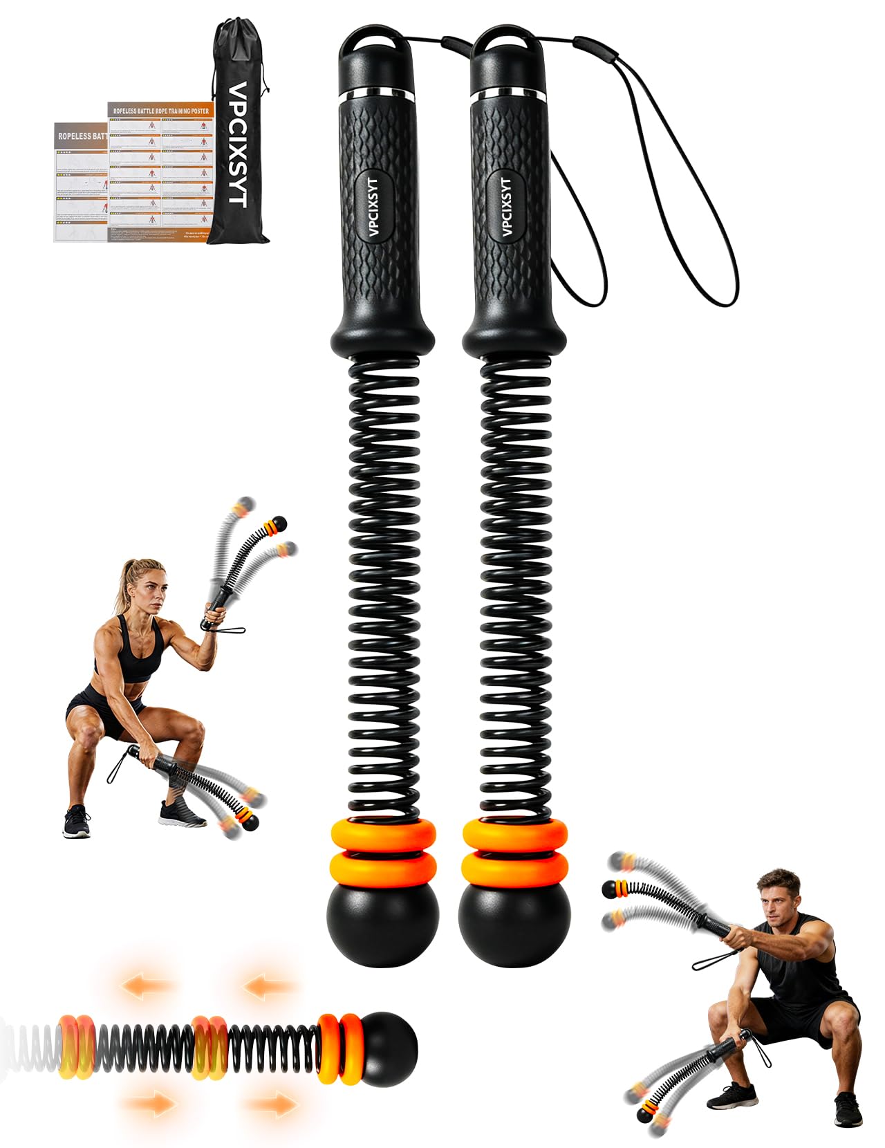 Cordless Battle Ropes 2 Pack Adjustable Weight Portable Ropeless Battle Ropes for Home Gym Full Body Workout with Non Slip Handle and Training Poster for HIIT Cardio Strength Training Men Women,Black