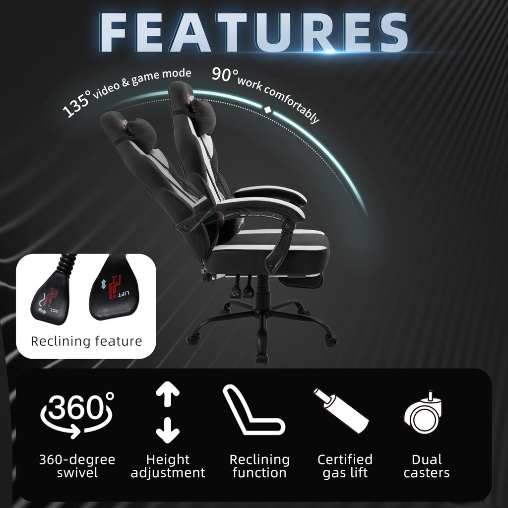 Shintenchi Big and Tall Gaming Chair Fabric Pocket Spring Cushion,High Back Recliner with Footrest and Headrest for Adults, Massage Lumbar Support for Home Office, Ergonomic Computer Desk Chair, Blue