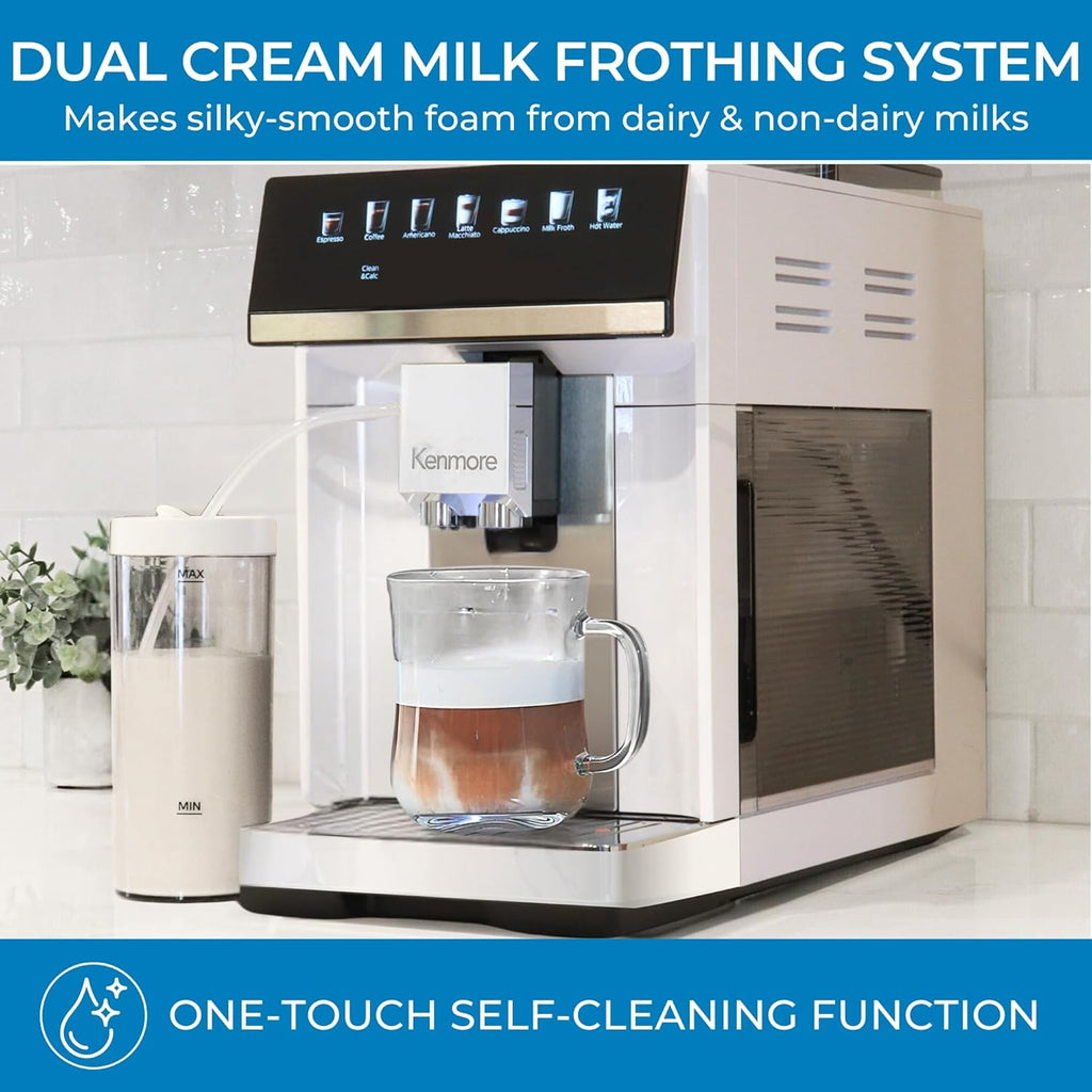 Kenmore Fully Automatic Coffee Maker - with Grinder, Milk Frother & Steamer, Auto Tamper, Descaler Expresso Machine, cafeteras electricas modernas machines For Home/Office White