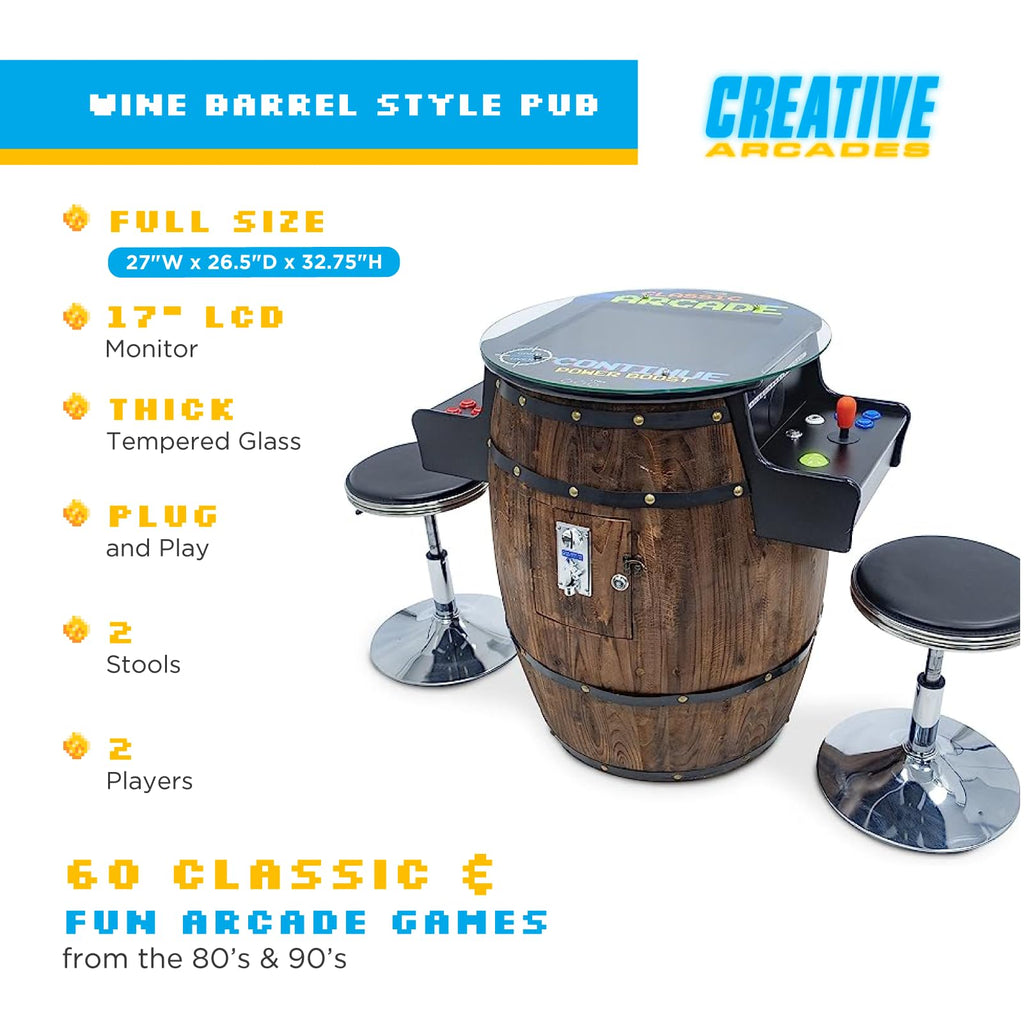 Creative Arcades Full-Size Commercial Grade Wine Barrel Style Pub Arcade Machine | Standard/Medium/Large | Classic Games | 2 Sanwa Joysticks | 2 Stools (Large, 60 Game, 19" Screen, Woodgrain)