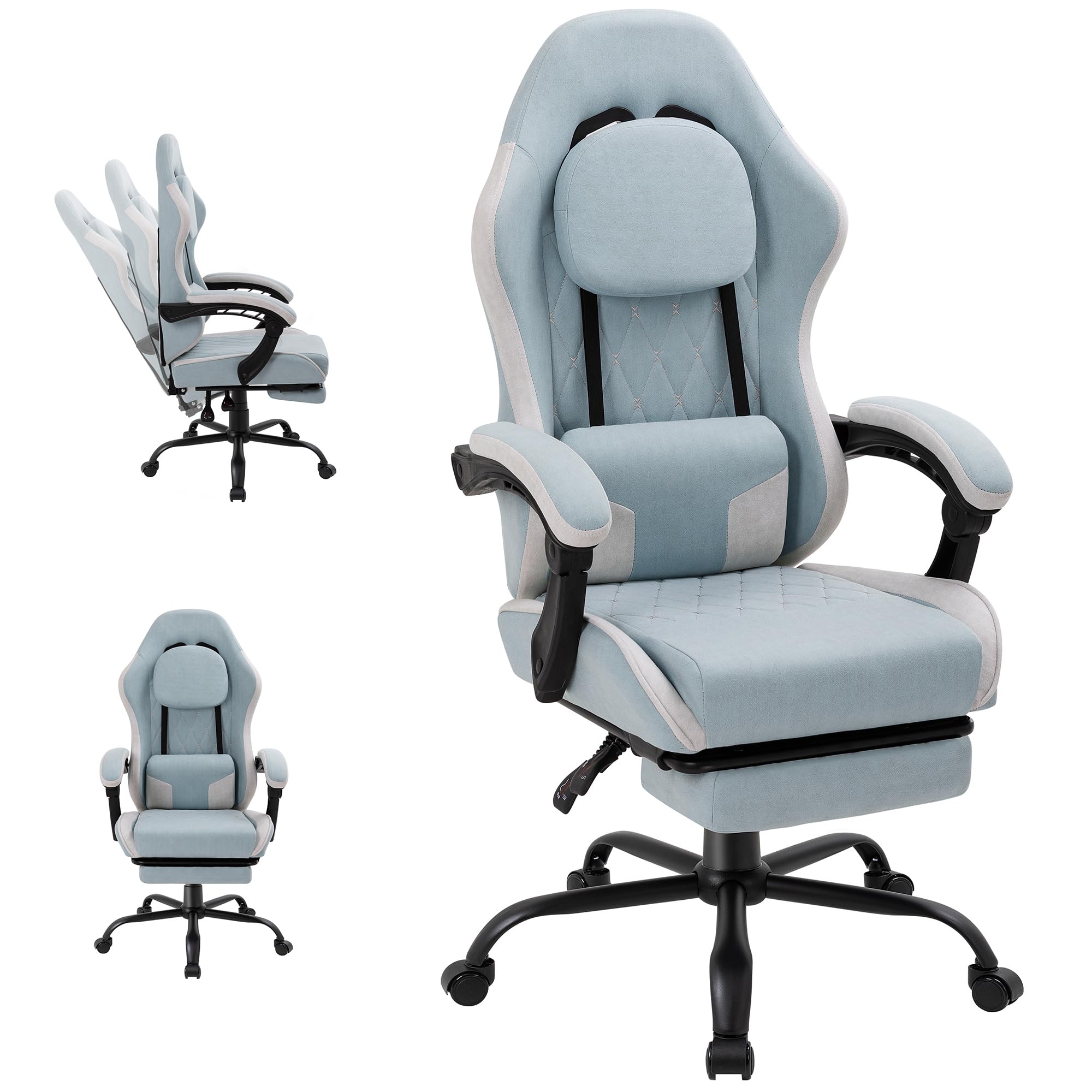 Shintenchi Big and Tall Gaming Chair Fabric Pocket Spring Cushion,High Back Recliner with Footrest and Headrest for Adults, Massage Lumbar Support for Home Office, Ergonomic Computer Desk Chair, Blue
