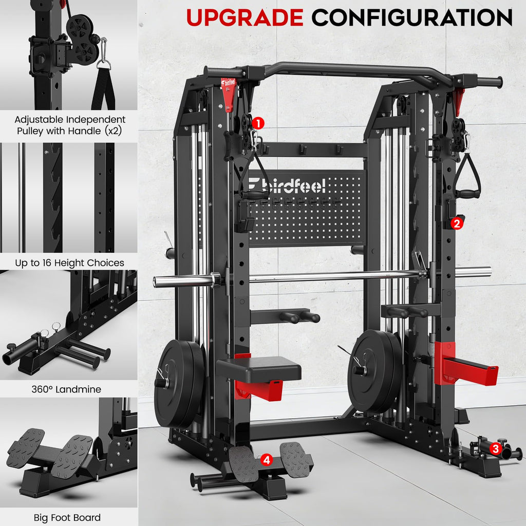 Multi-Function 2000LB Smith Machine Power Cage, Home Gym Squat Rack Featuring LAT Pulldown, Dual Pulley Cable Crossover, Gym-Quality Power Rack with Strength Training Attachments, Pegboard