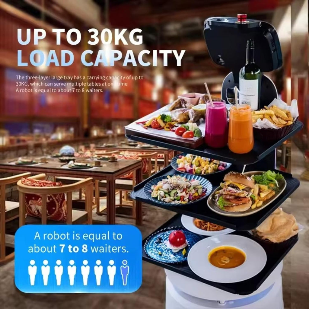 Autonomous Food Delivery Robot – Smart Restaurant Waiter, Large Capacity Tray, Indoor Navigation with Elevator Control, Automatic Obstacle Avoidance, Self-Charging, Contactless Commercial Meal Server