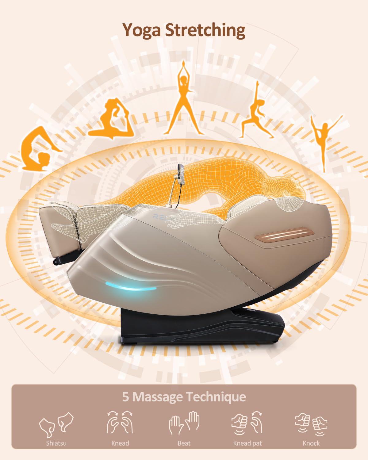 RELX Massage Chair Full Body, 20 Modes Zero Gravity SL-Track Shiatsu Massage Chair Built-in Heat System, Airbag Massage with Body Scan, Deep Yoga Stretch, Calfrest Extension and AI Control(Cream)