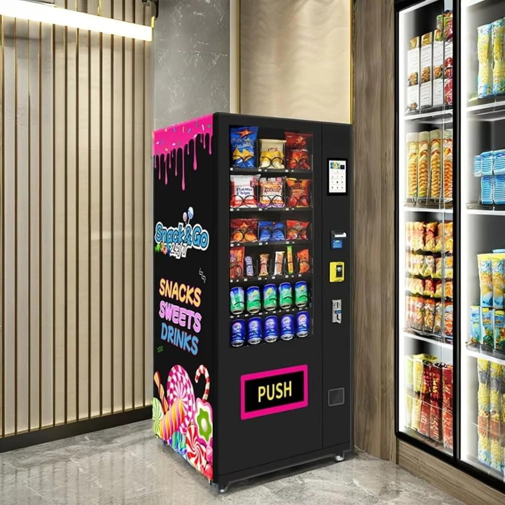 Automated vending machine for snacks, beverages, coffee, and soda; refrigerated vending machine with touch card reader, accepts banknotes/coins, adjustable coin slot; suitable for offices and schools.
