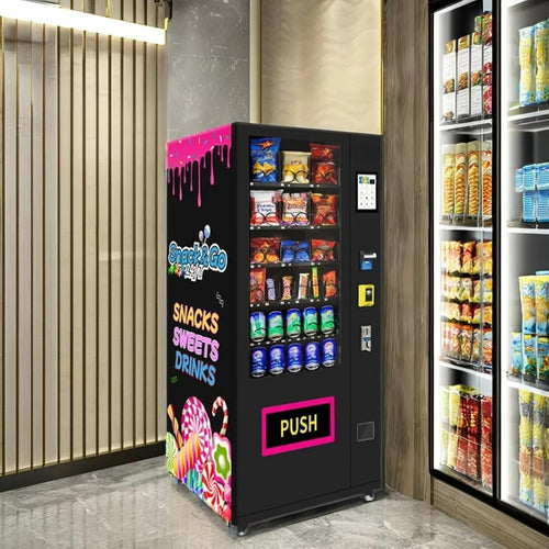 Automated vending machine for snacks, beverages, coffee, and soda; refrigerated vending machine with touch card reader, accepts banknotes/coins, adjustable coin slot; suitable for offices and schools.