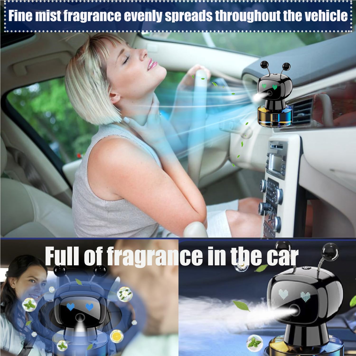Robot Intelligent Aromatherapy Machine, Smart Cute Robot Car Air Freshener - Fine Spray/Fillable/Four-Gear Adjustment/Vibration Sensing/On-Off/Large Capacity Long-Lasting Fragrance/Black-V2(Cologne)