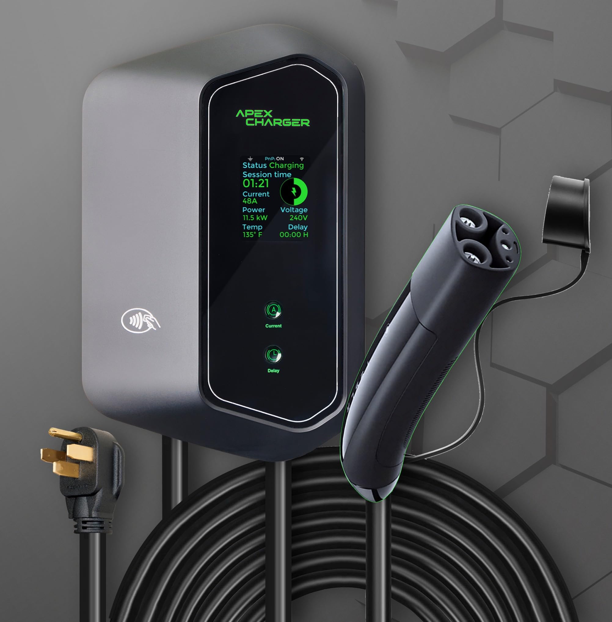 MACH 1: Fast 48 Amp Level 2 EV Charger, Wall-Mount Electric Vehicle Charging Station, 200-240V Hardwire or NEMA 14-50. J1772 car Connector & Tesla NACS, Indoor/Outdoor, 30ft Cable evse Adapter