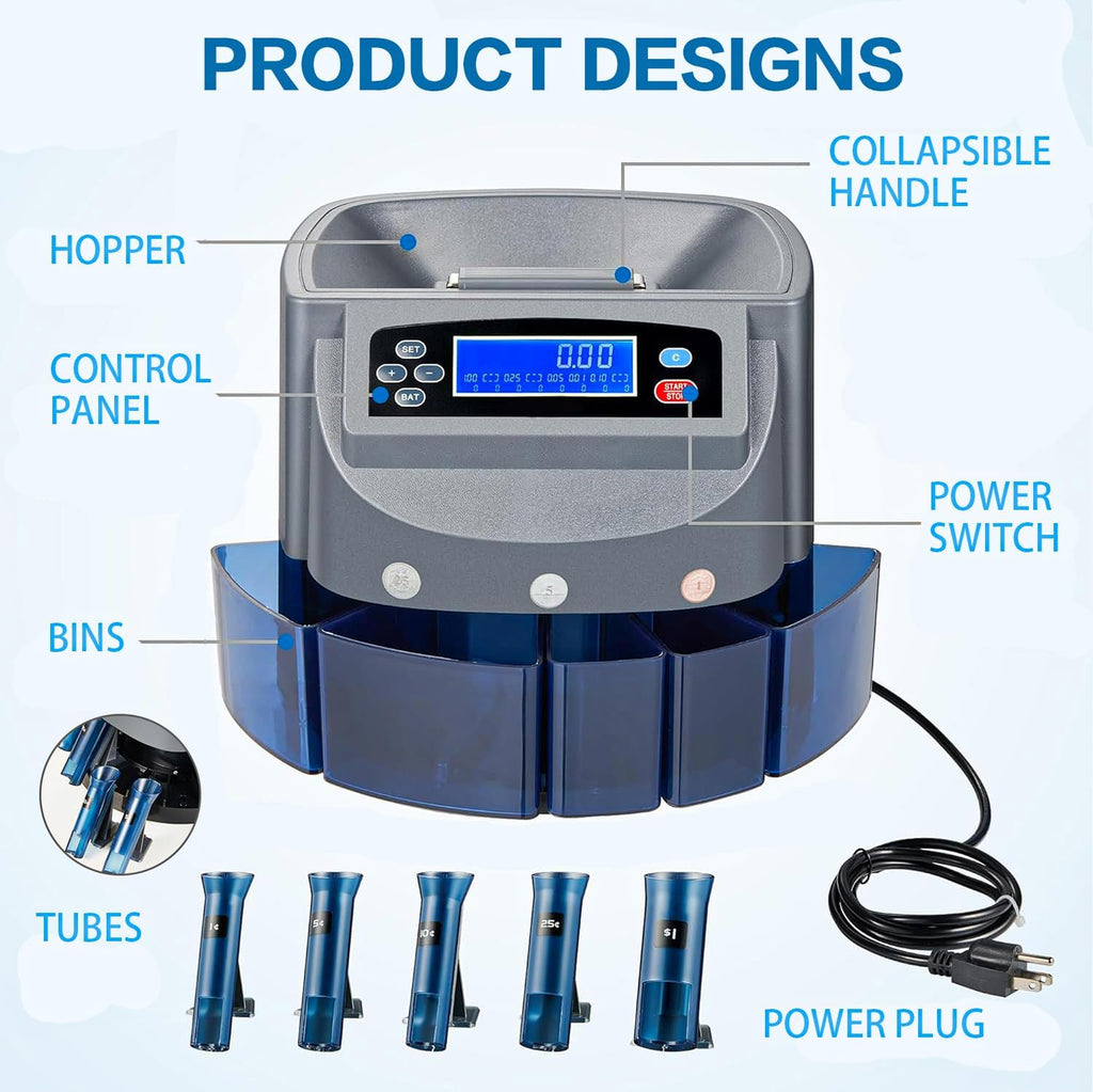 Coin Counter Machine, Coin Sorter Machine with LCD Display, 500 Coins Capacity Automatic Coin Sorter and Wrapper Machine, Change Counter for USD Coin 1￠ 5￠ 10￠ 25￠ $1, Sorts up to 270 Coins/min