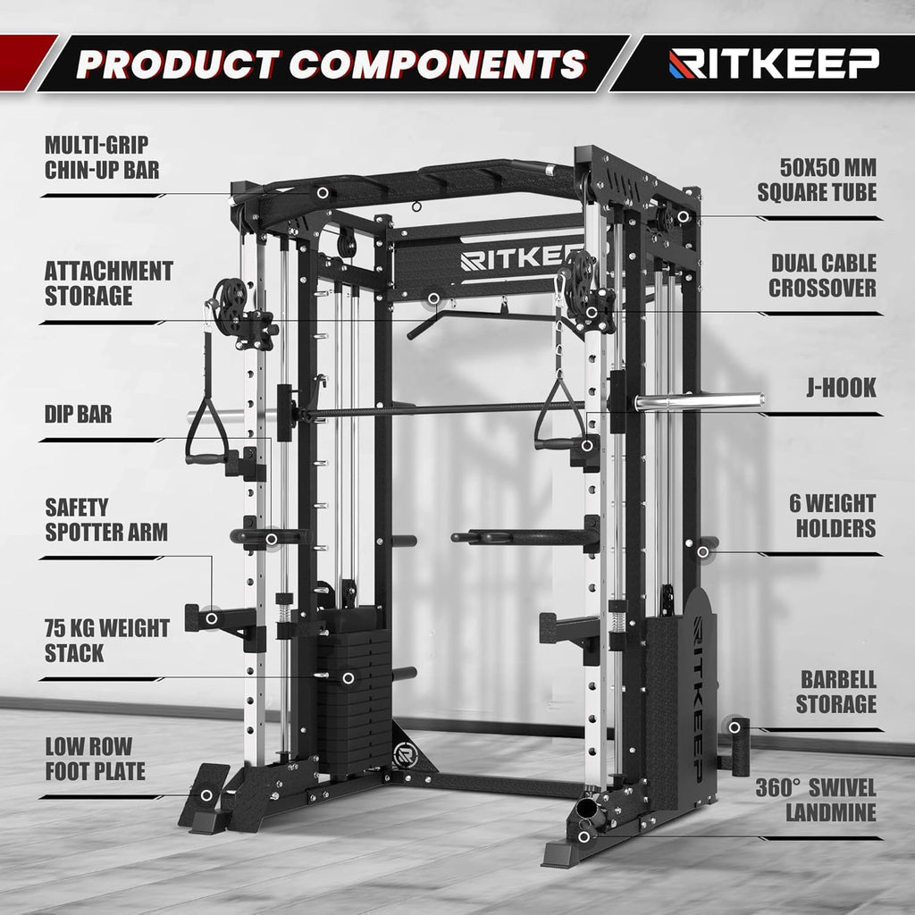 RitKeep PMAX-5600 Pro Heavy-Duty Smith Machine Squat Rack with 320 LB Weight Stacks, 6-in-1 Multi-Function Home Gym System, Dual Cable Crossover and 2000 LB Capacity for Full-Body Strength Training