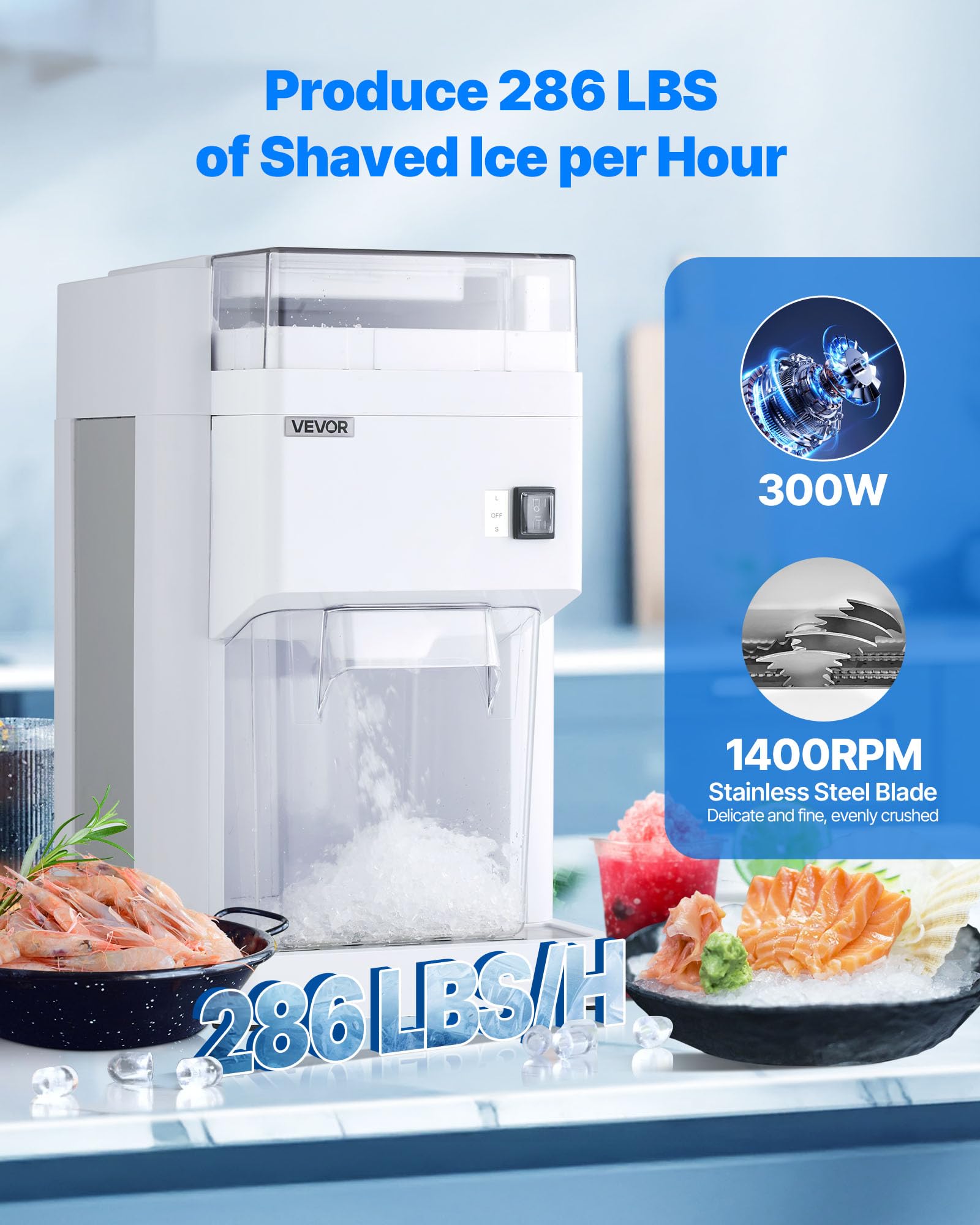 VEVOR Commercial Ice Shaver Crusher, 220lbs/hr Electric Fluffy Ice & Snow Cone Machine, 250W 1500RPM Tabletop Fluffy Shaved-Ice Machine for Parties Events Snack Bar, Home and Commercial Use (White)