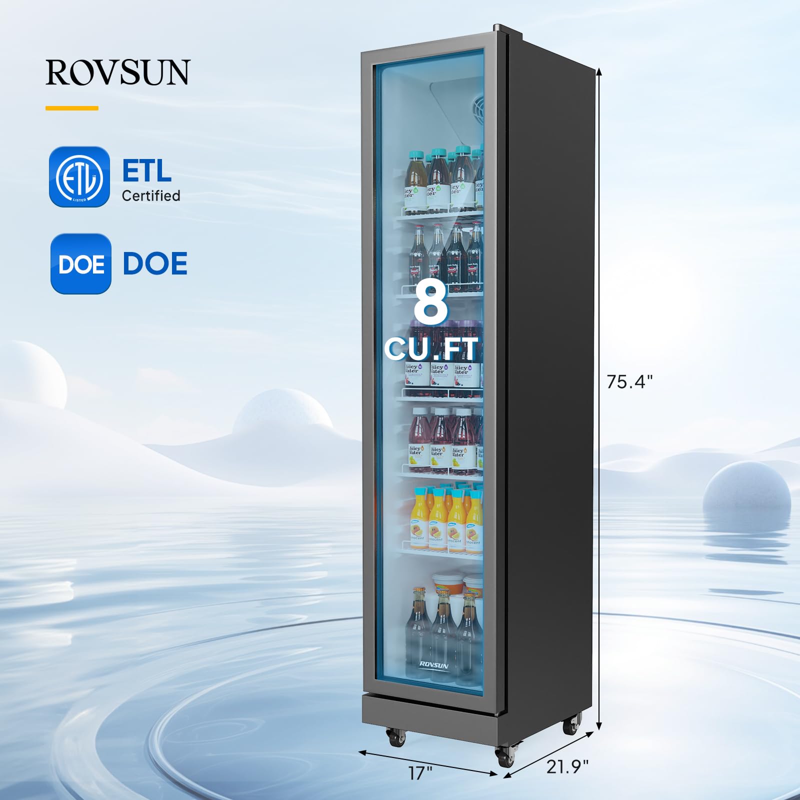 ROVSUN 8 Cu.Ft Commercial Refrigerator Display Refrigerator ETL NSF Certified, Slim Commercial Beverage Cooler Glass Door Merchandiser Drink Fridge w/Adjustable Shelves LED Light for Bar Restaurant