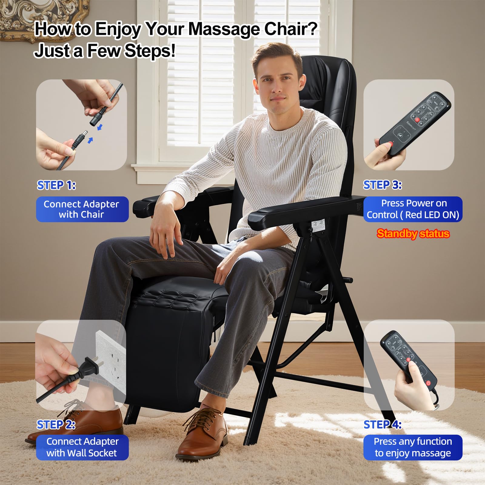 Foldable Electric Massage Chair with Heat, Shiatsu, Kneading, Vibration, Full Body Relaxation, Adjustable Backrest & Neck Height,for Dad Mom Women Men