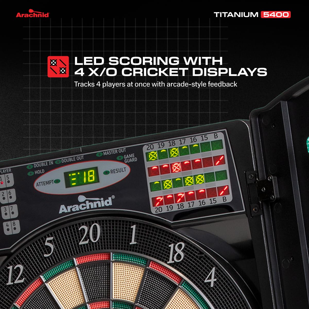 Arachnid Titanium 5400: 13.5” Target with Integrated Cabinet. Offers 38 Games, 316 Variations, Color LED Scoring, and Solo Play. Includes Double in/Out Modes for Competitive Game Room Fun.
