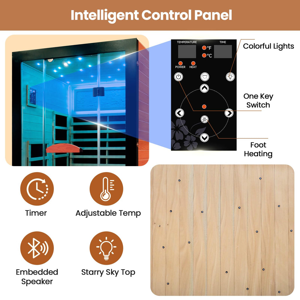 2 Person Infrared Sauna Far Infrared Sauna Room for Home Indoor 2000W Low-EMF Wood Dry Sauna with Full Starry Sky Lights Ceiling in 7 Color Speaker Fast Heating Easy Assembly- 47.3*41.3*74.8 IN