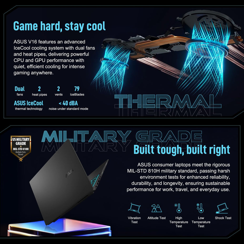 ASUS V16 RTX 5070 Intel Core 7 240H 32GB DDR5 1TB SSD Gaming Laptop | 16" WUXGA 144Hz 16:10 Display, Turbo Blue Backlit KB, Numeric Keypad, HDMI, Windows 11 Home, w/bundle