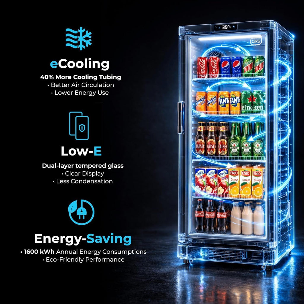 GRS Commercial Display Refrigerator with Glass Door Lock | Cool Air Flow & Temperature | Beverage fridge, Drink and Wine Cooler with Adjustable Display Shelf for Stores and Bars | Black, 7.1 Cu. Ft