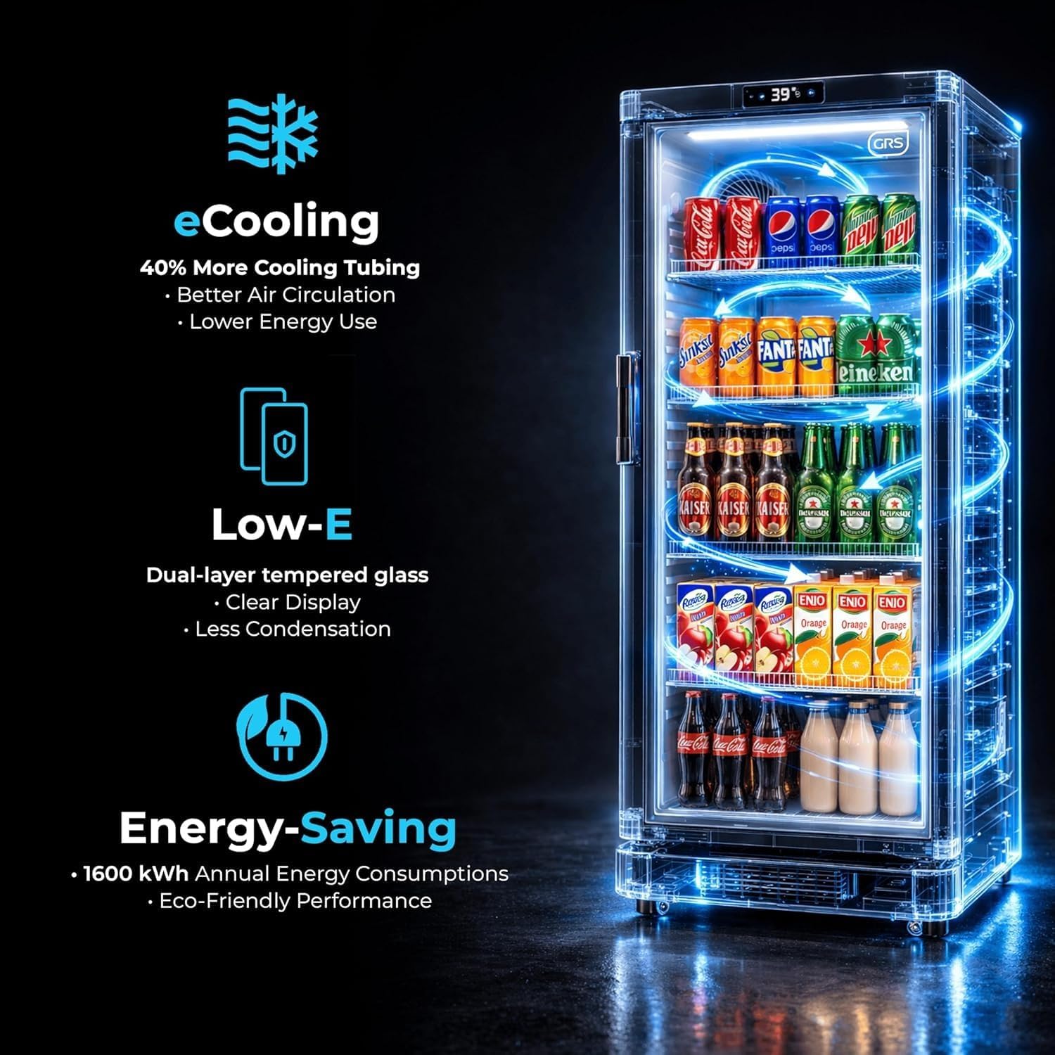 GRS Commercial Display Refrigerator with Glass Door Lock | Cool Air Flow & Temperature | Beverage fridge, Drink and Wine Cooler with Adjustable Display Shelf for Stores and Bars | Black, 7.1 Cu. Ft