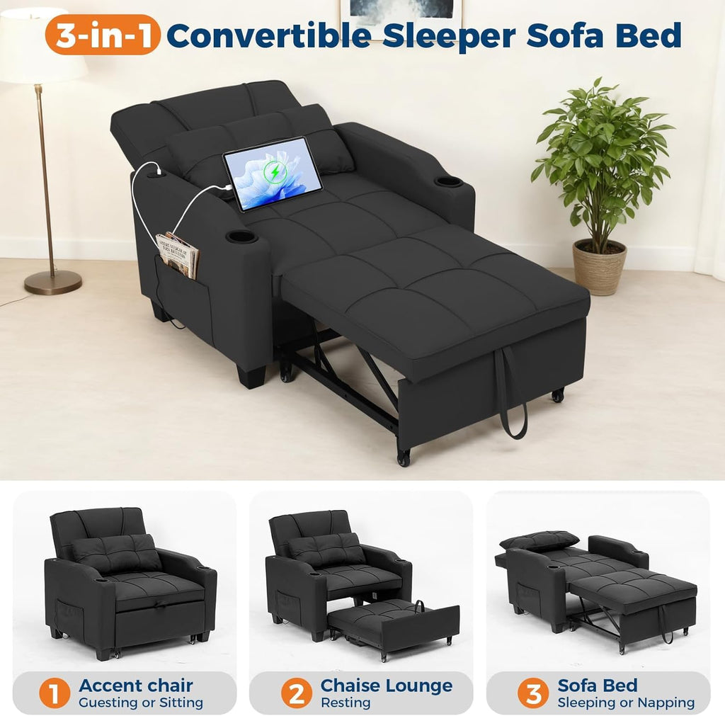Sleeper Chair Pull Out Bed, 4 in 1 Convertible Sofa Chair Bed with Vibration Massage Lumbar Pillow, Single Sofa Recliner with USB/Type-C Port, Cup Holders and Side Pocket for Small Spaces (Brown)