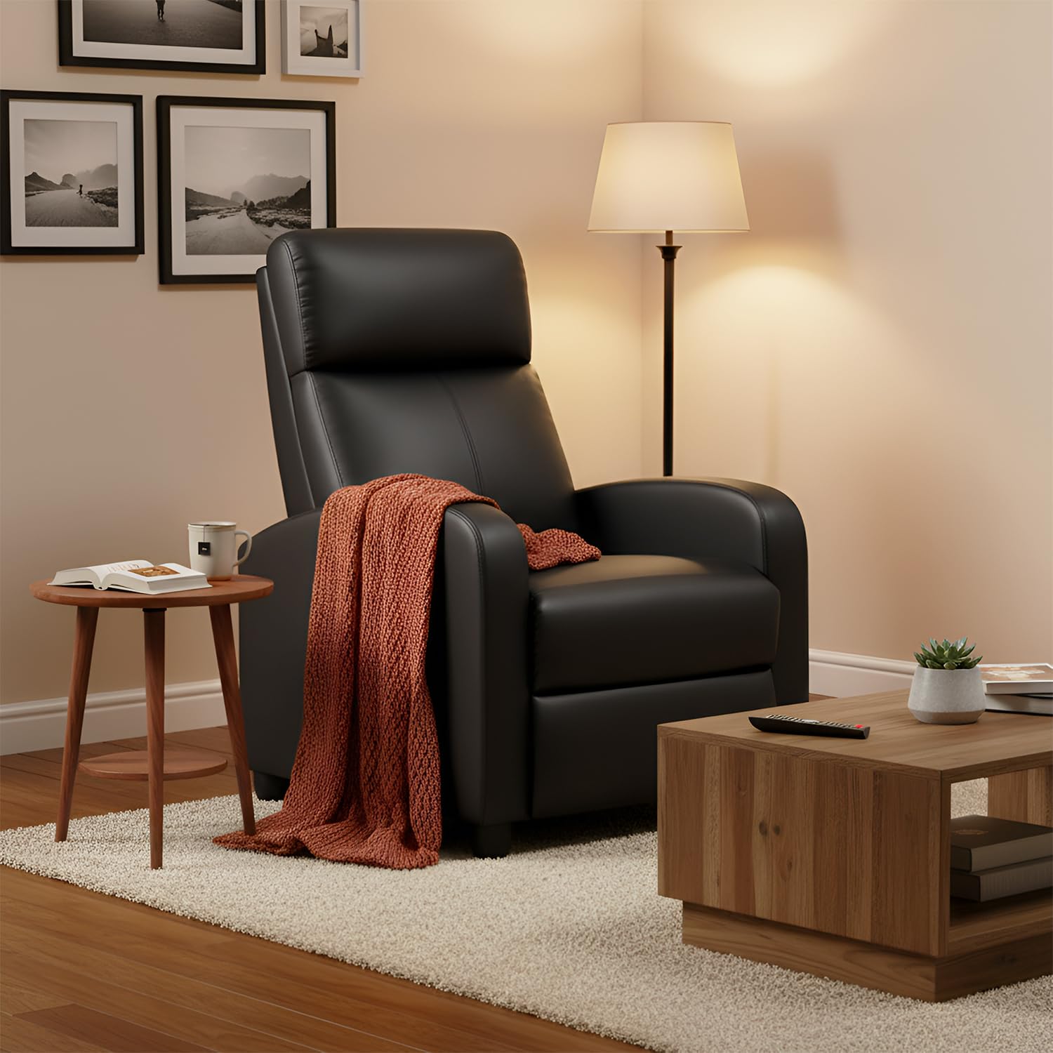 FDW Recliner Sofa Massage Chair Home Theater Seating with Lumbar Support and Padded Backrest for Living Room and Bedroom (Leather, Black)