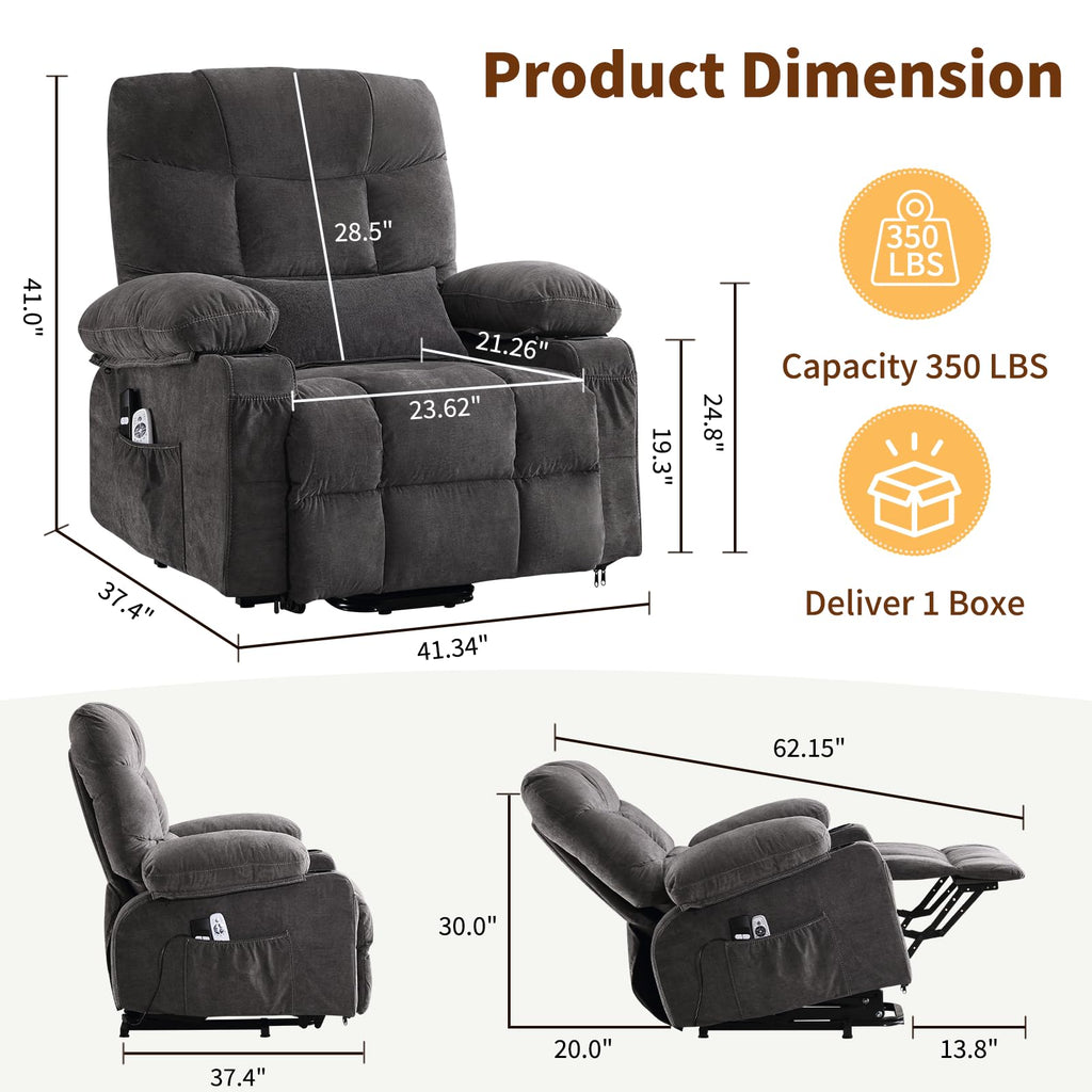 Power Lift Recliner Chair for Elderly with Massage and Heat, Comfortable Electric Power Reclining Chair with Side Pockets,2 Cup Holders and USB Charging Port for Living Room (Grey)