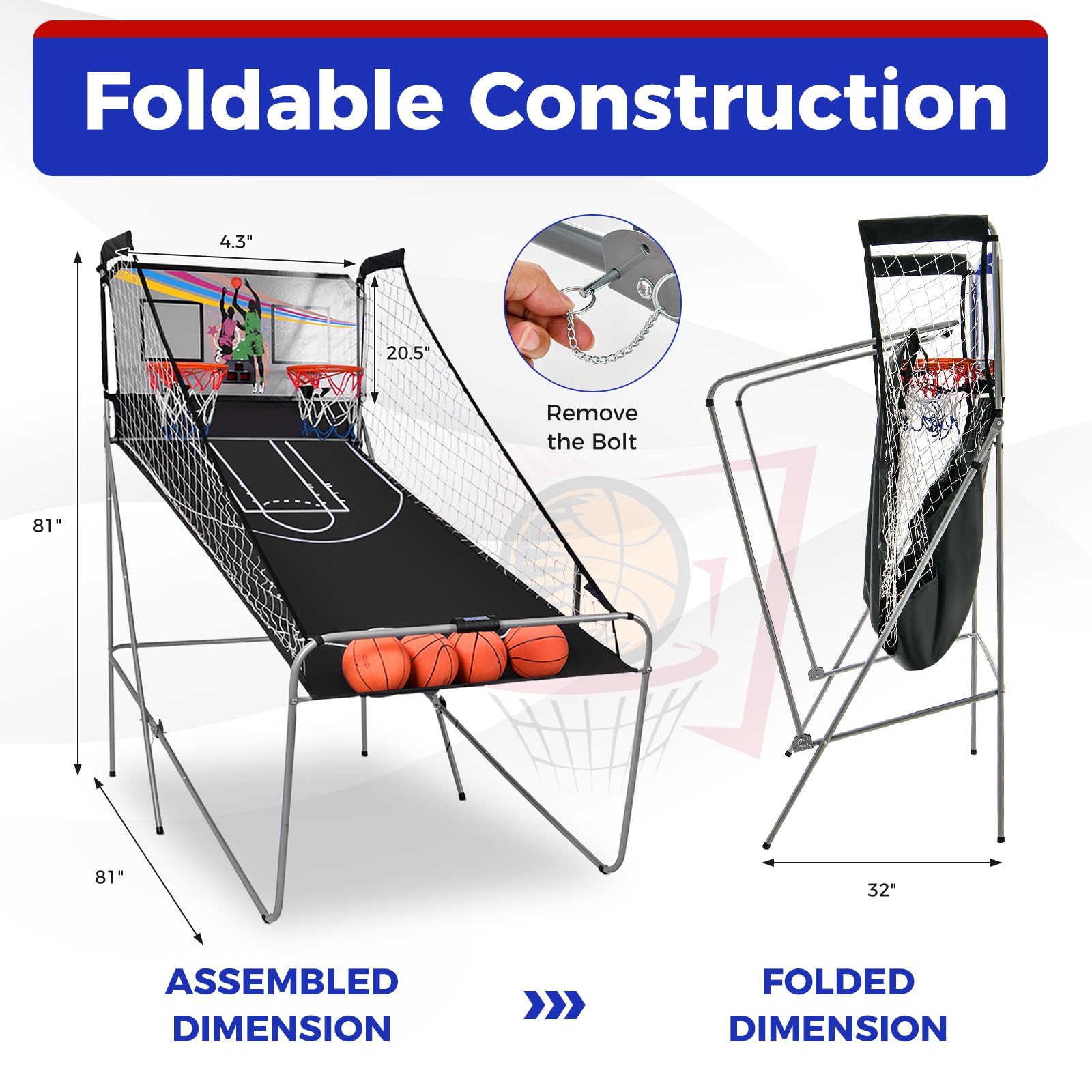 KOTEK Basketball Arcade Game Indoor, Foldable Dual Shot Electronic Basketball Games for 2 Players w/8 Game Options & LED Scoring System, Basketball Hoop Arcade for Family Home Play (Green)