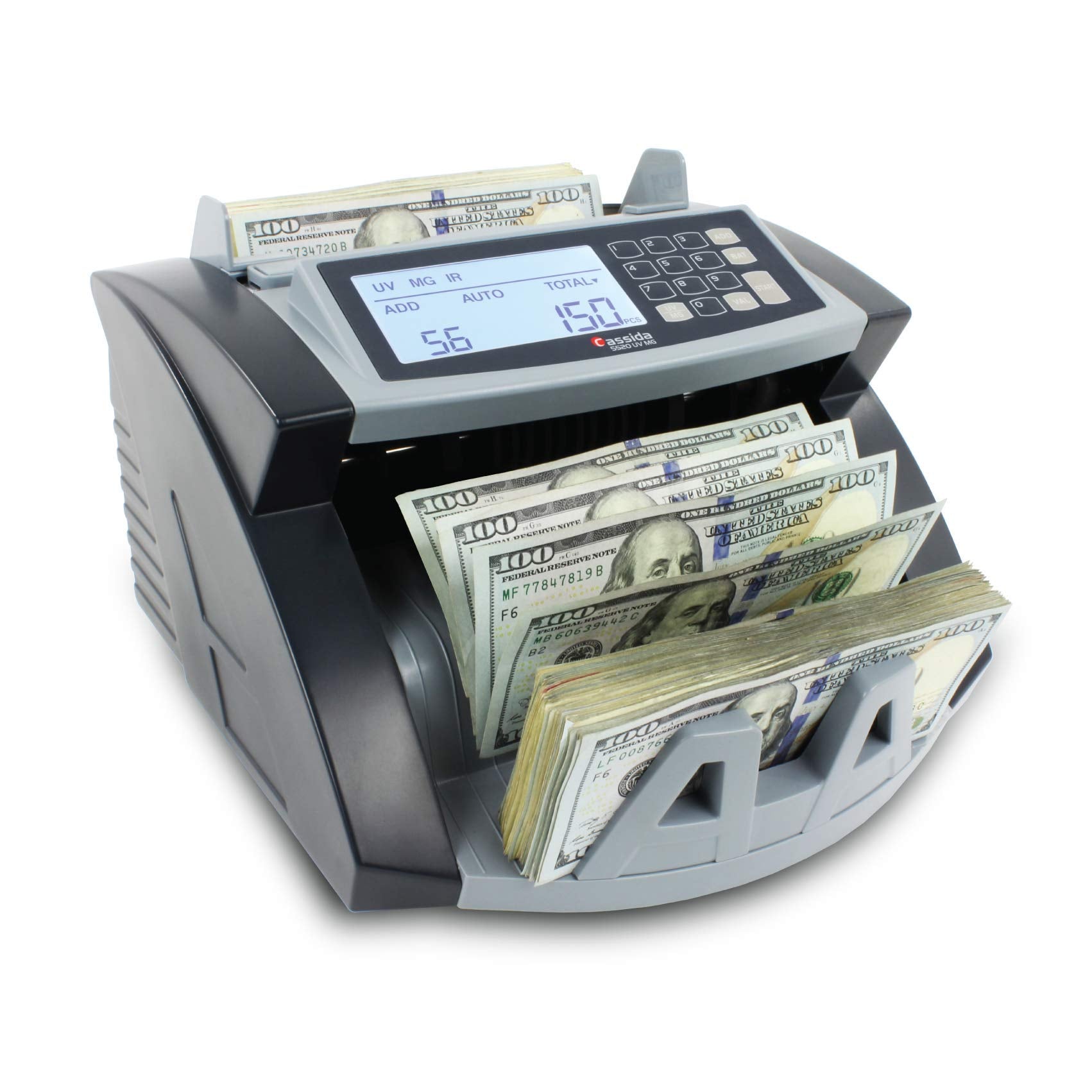 Cassida 9900R V2 2-Pocket Premium Bank Grade Money Counter Machine Mixed Denomination, Bill Sorter, Value Counting, Printer Enabled, 2 CIS, UV/MG, IR/IT Counterfeit Detection with Built-in Printer