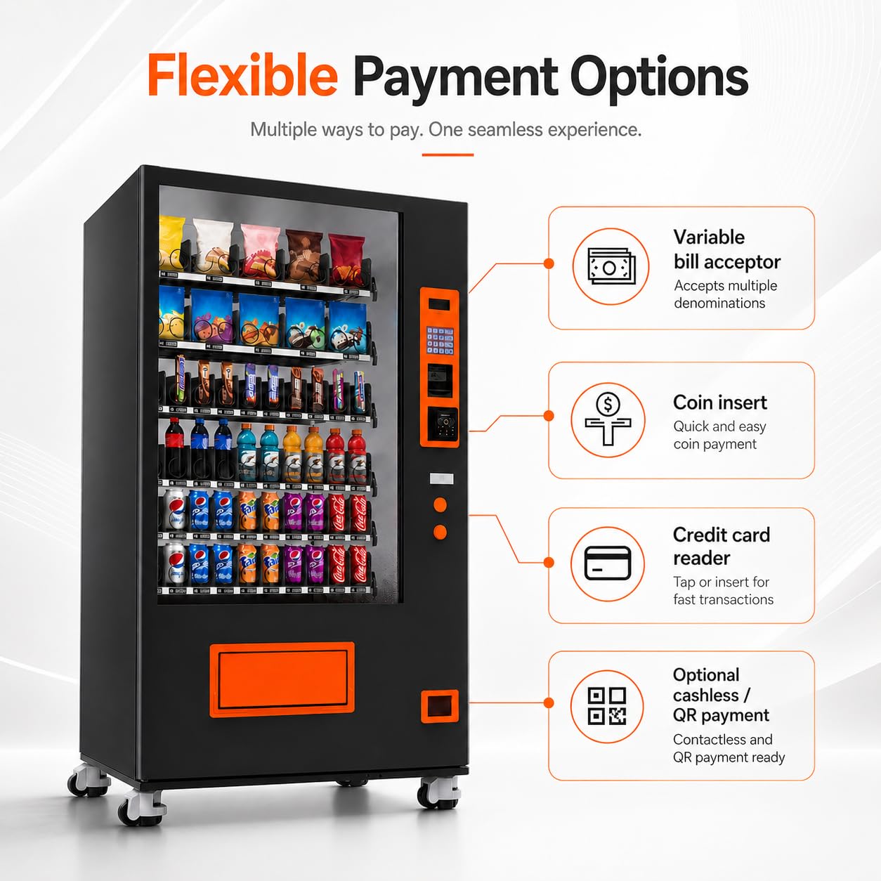 60 Slot Vending Machines for Business, Refrigerated Snack Drink Vending Machine, Commercial Smart Combo Vending Machine with Bill and Coin, Card Reader