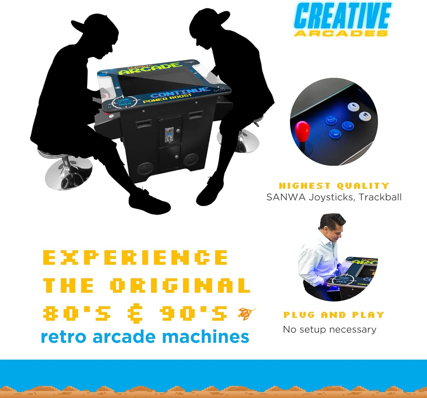 Creative Arcades Full Size Commercial Grade Cocktail Arcade Machine | 2 Player | 412 Games | 22" LCD Screen | Square Glass Top | LED | 2 Sanwa Joysticks | Trackball | 2 Stools | 3 Year Warranty