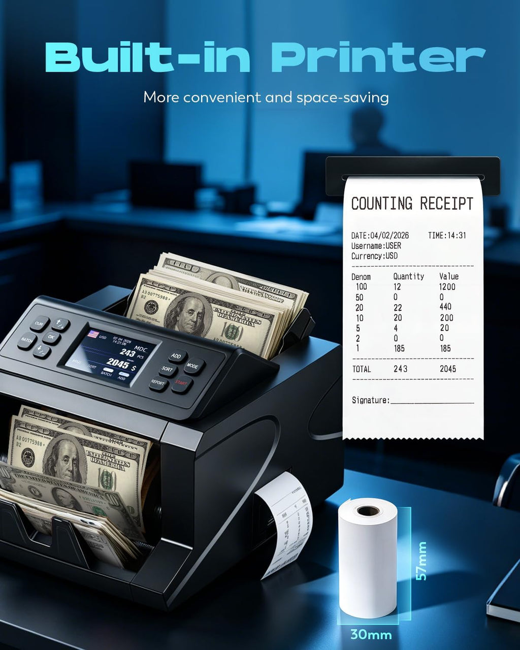 CGOLDENWALL Money Counter Machine, Mixed Denomination Bill Counter, Cash Counting with Built-in Printer, Portable Currency Detector, Counterfeit Bank Scanner, Dollar Sorter for Business, CIS/UV/IR/MG