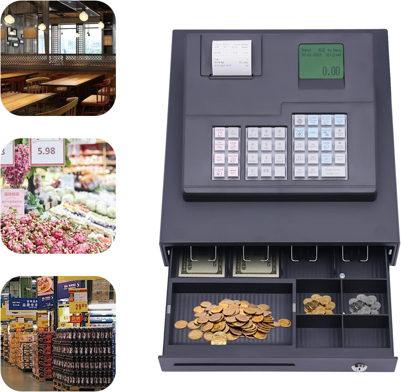 ECR600 Cash Register 38 Keys POS Cash Register for Small Businesses ATM Machines for Sale, Quick Load Thermal Printer, Compact Size, Cash and Coin Drawer, Black