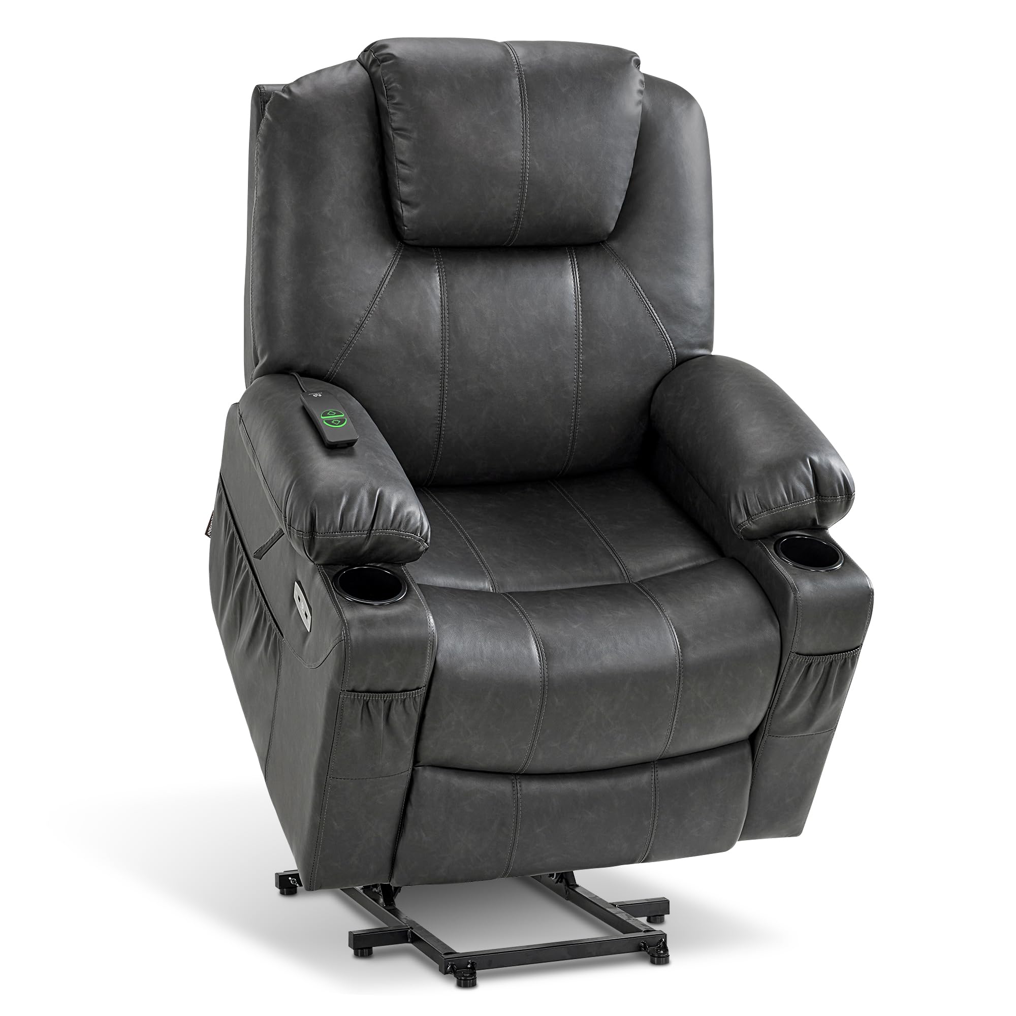 MCombo Electric Power Lift Recliner Chair Sofa with Massage and Heat for Elderly, 3 Positions, 2 Side Pockets, and Cup Holders, USB Ports, Faux Leather 7040 (Grey, Medium)