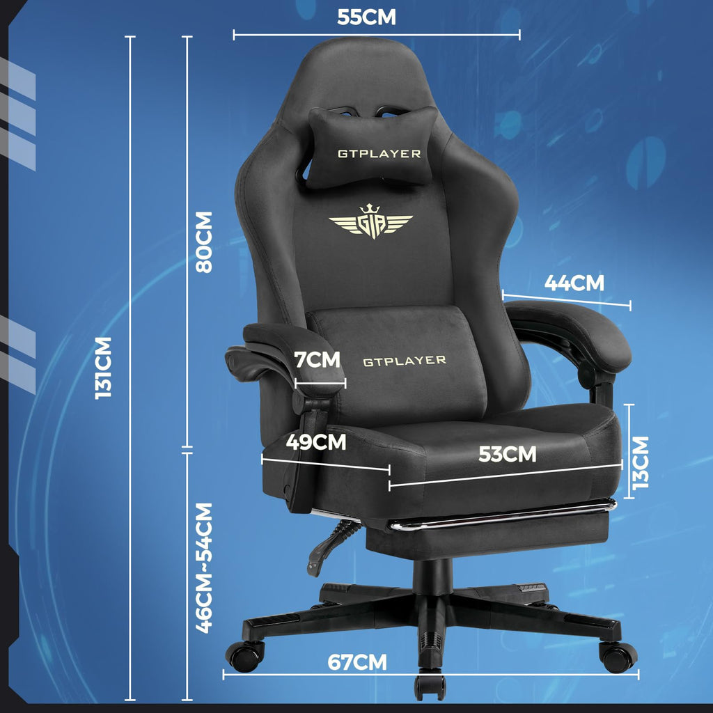 GTPLAYER Gaming Chair with Pocket Spring Cushion, Big and Tall Gamings Chairs 350LBS High Back Computer Chair with Footrest for Adults Lumbar Support Swivel Game Chair for Office,Leather Black-Massage